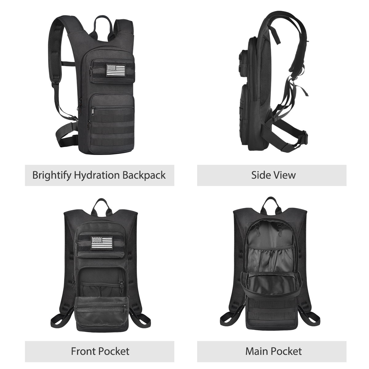 Brightify 17L Hydration Backpack with 3L TPU Water Bladder, Camel Backpack Hydration Pack for Hiking Hunting Climbing Cycling Biking Running, Molle Compatible Water Backpack for Men Women, Black M381M