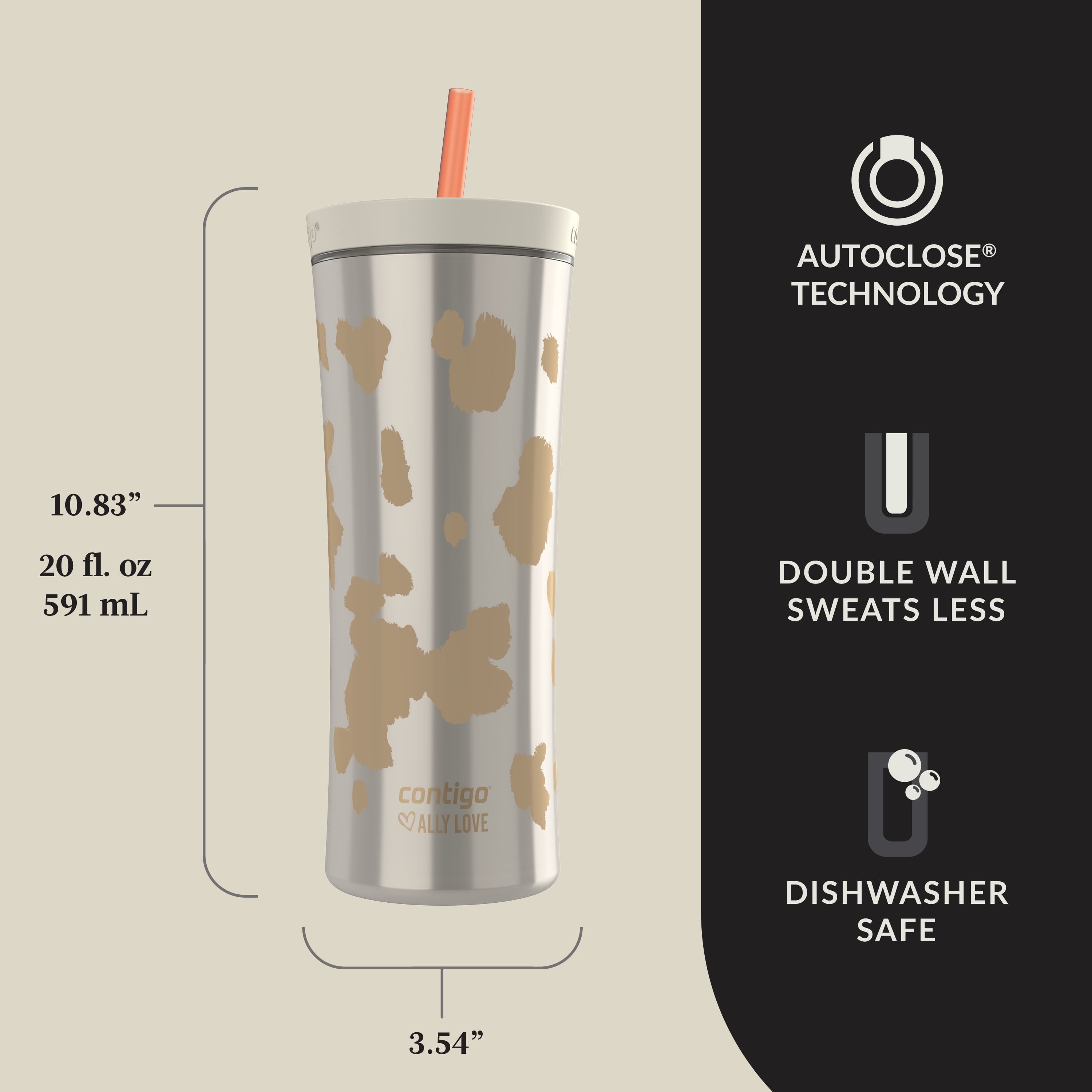 Contigo 20oz Shake &amp; Go Tumbler, Plastic with Straw, Oatmilk Cowhide Couture M120H