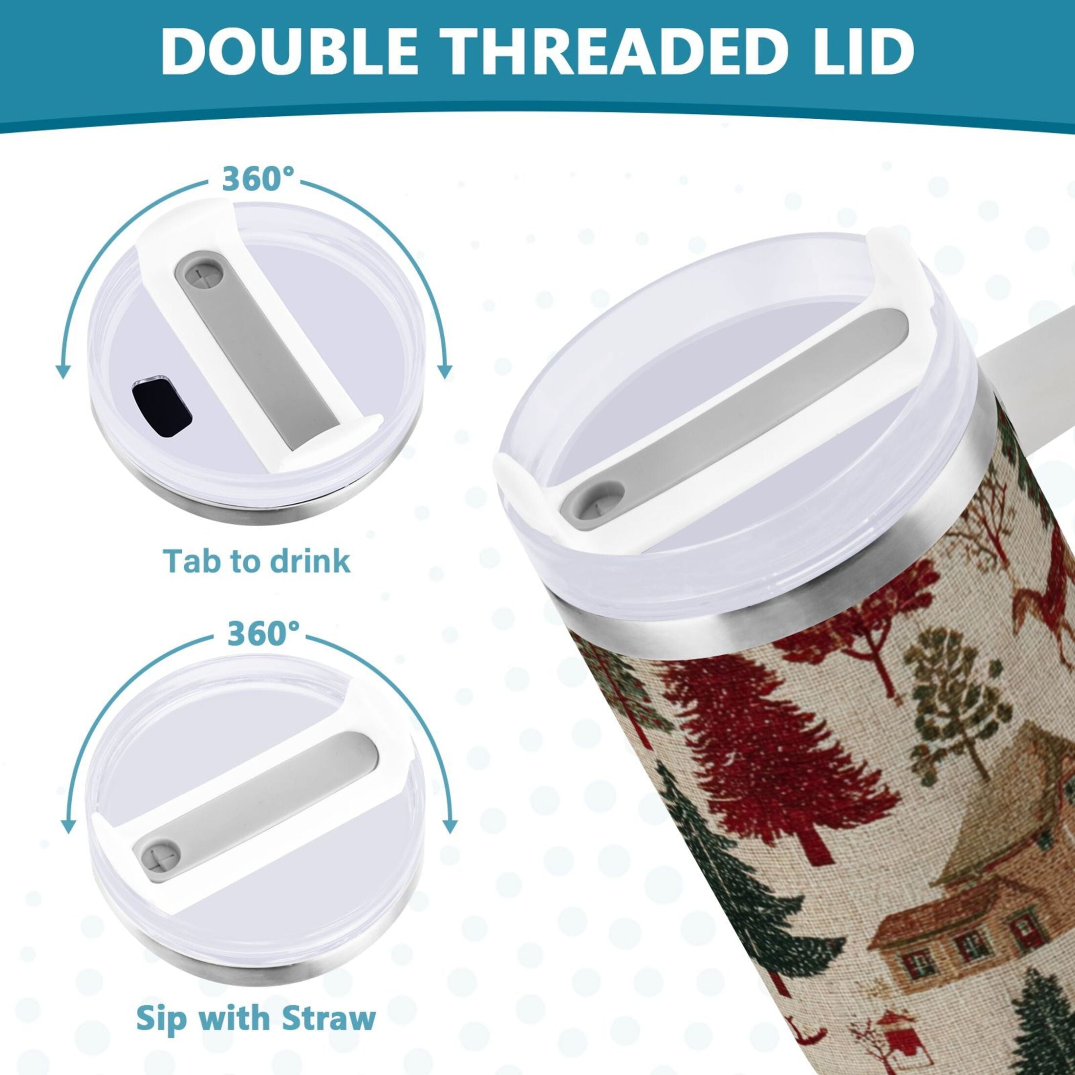 30 oz Insulated Stainless Steel Tumbler Double Wall Stainless Steel Tumbler with 2-Way Drinking Christmas Trees Deer and Houses M577F
