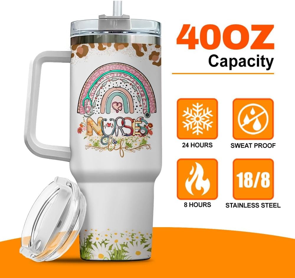 Tumbler 40 Oz With Handle Lid And Straw, Nurse Gifts, Black Camo White Engraved Print Travel Nurses Tumblers Handle Funny Cups Nursing For, Great Nurse Rainbow Daisy Flower M683R