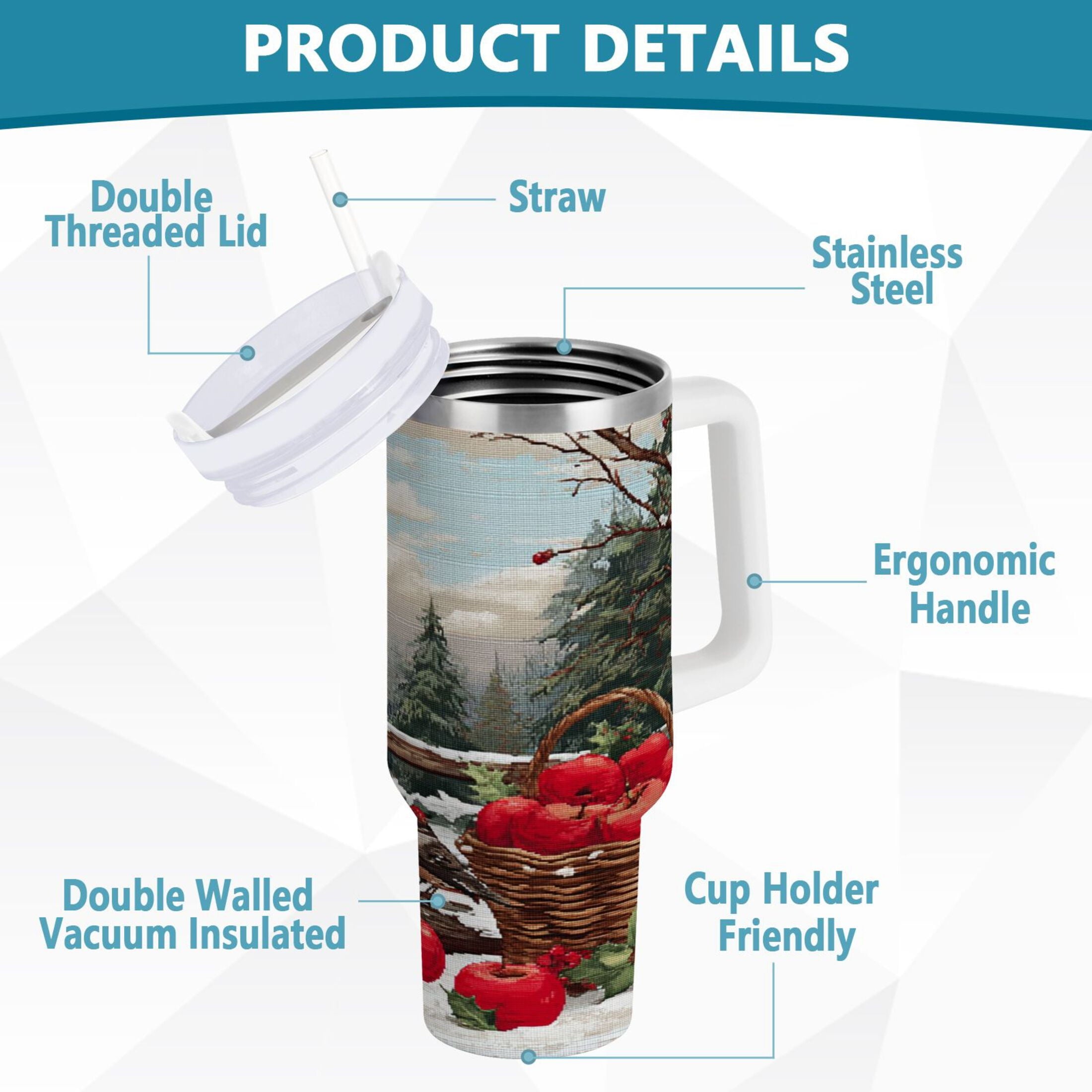30 oz Insulated Stainless Steel Tumbler Double Wall Stainless Steel Tumbler with 2-Way Drinking Apples and Baskets M529K