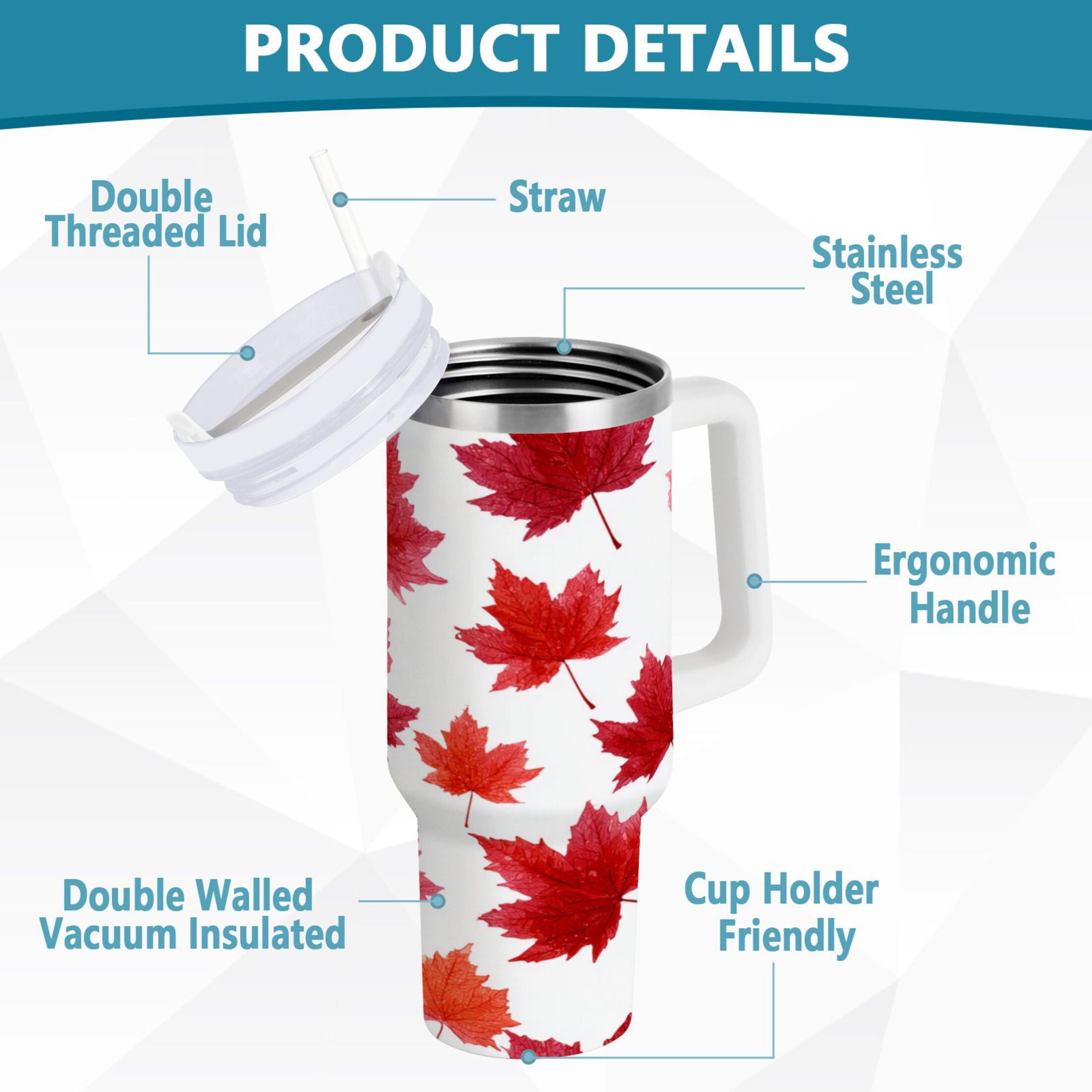 30 oz Insulated Stainless Steel Tumbler Double Wall Stainless Steel Tumbler with 2-Way Drinking Vibrant Red Maple Leaves M454R