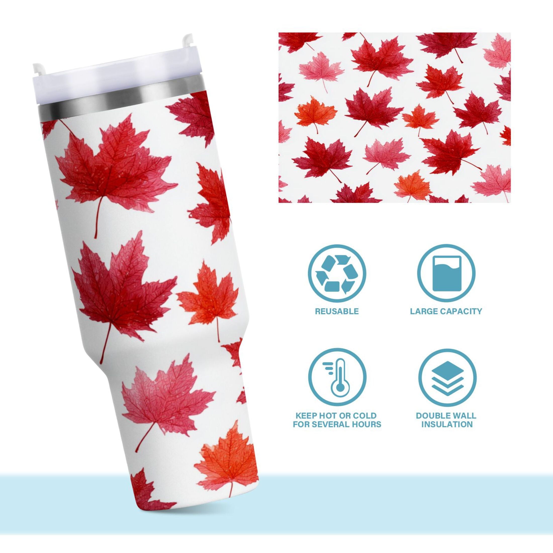 30 oz Insulated Stainless Steel Tumbler Double Wall Stainless Steel Tumbler with 2-Way Drinking Vibrant Red Maple Leaves M454R