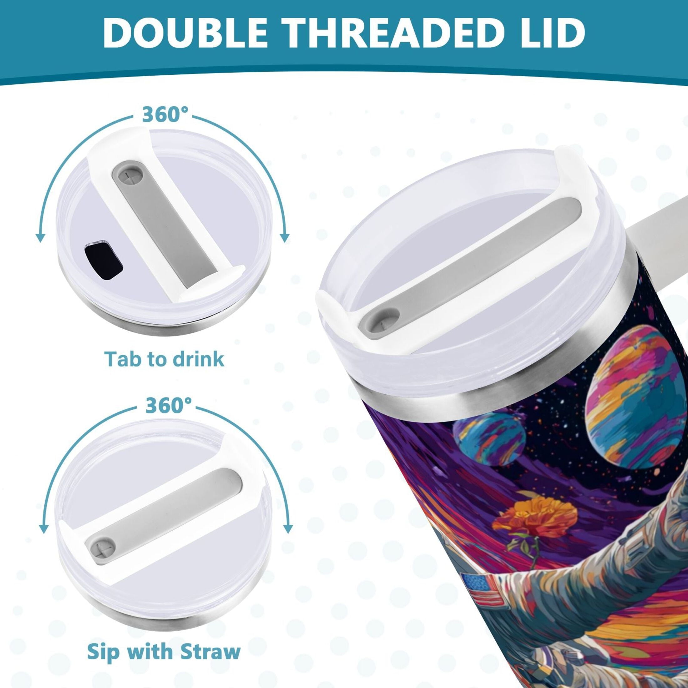 40 oz Insulated Stainless Steel Tumbler Double Wall Stainless Steel Tumbler with 2-Way Drinking Colorful Flowers and Planets M598M