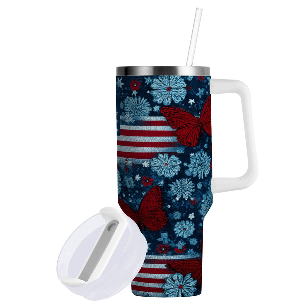 30 oz Insulated Stainless Steel Tumbler Double Wall Stainless Steel Tumbler with 2-Way Drinking Red Butterflies and Flags M621C
