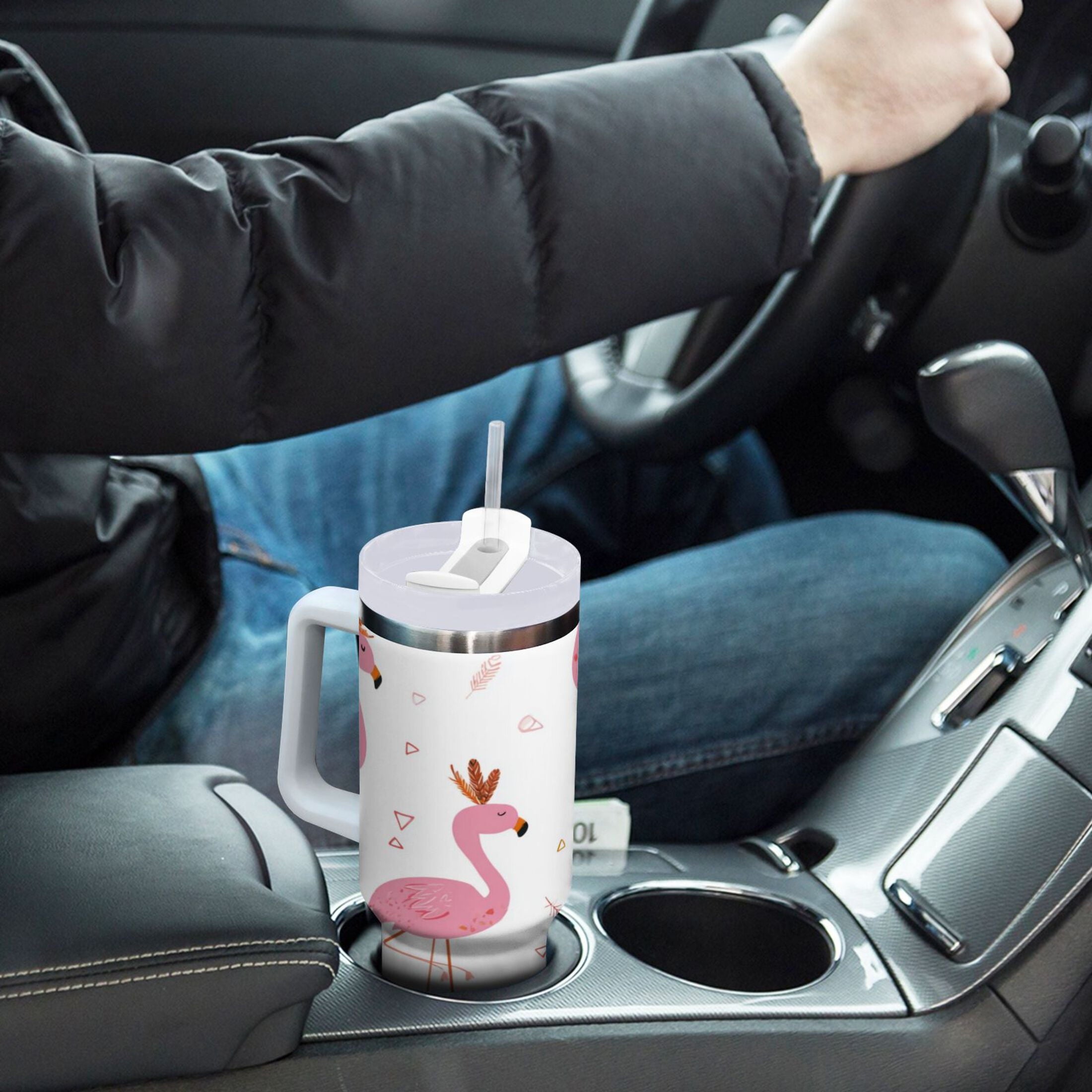 40 oz Insulated Stainless Steel Tumbler Double Wall Stainless Steel Tumbler with 2-Way Drinking Cute Pink Flamingo Pattern M515P