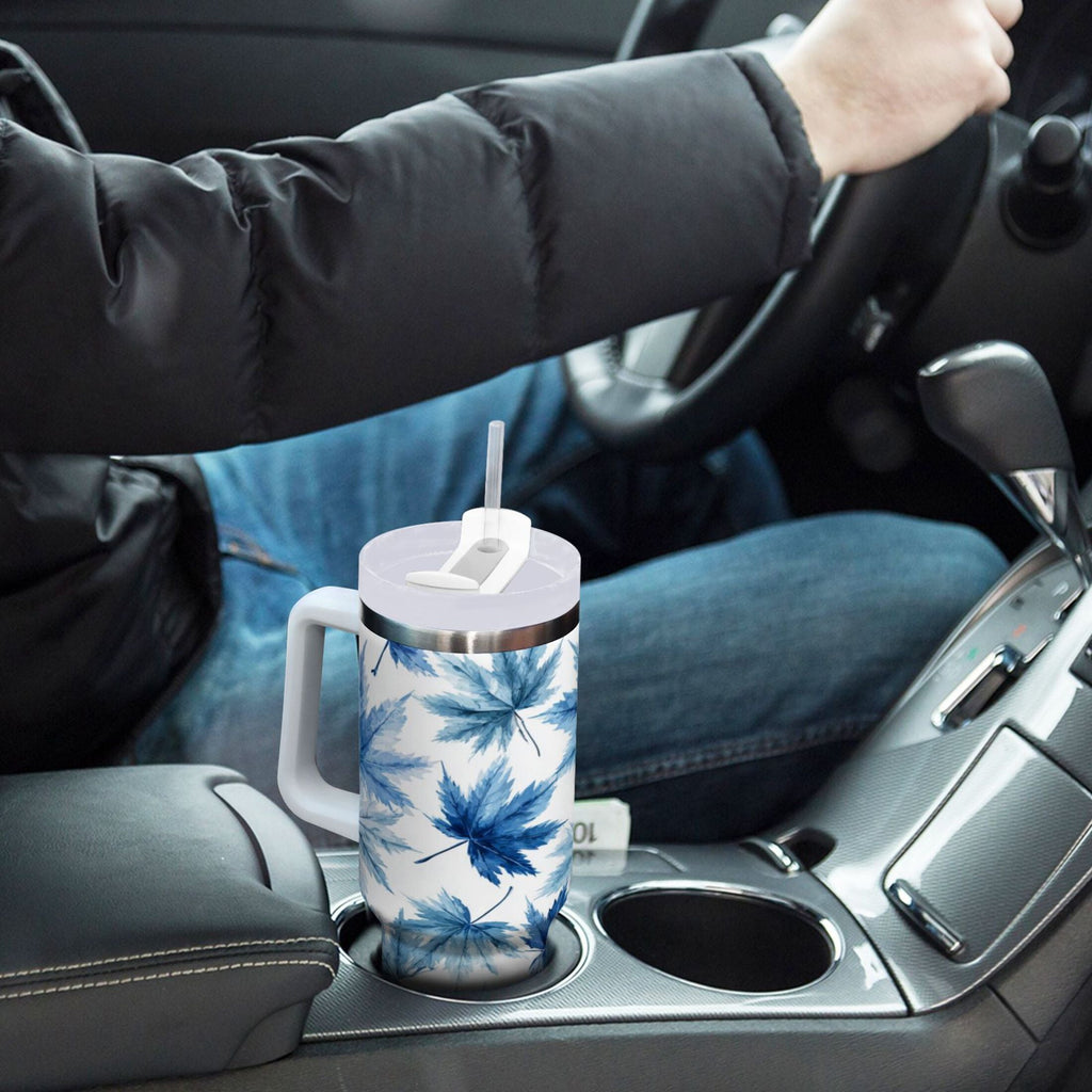 30 oz Insulated Stainless Steel Tumbler Double Wall Stainless Steel Tumbler with 2-Way Drinking Abstract Blue Maple Leaves M581Z