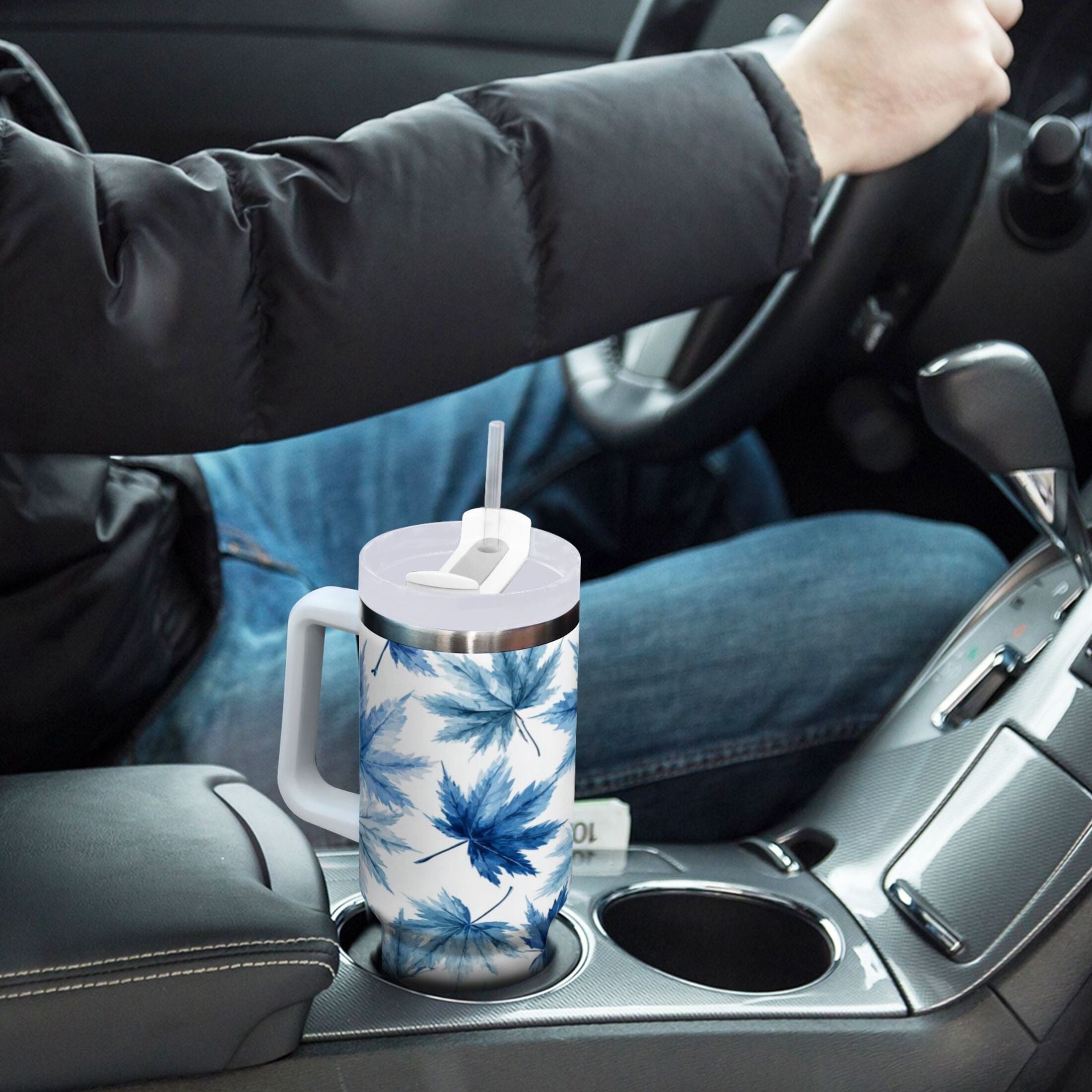 30 oz Insulated Stainless Steel Tumbler Double Wall Stainless Steel Tumbler with 2-Way Drinking Abstract Blue Maple Leaves M581Z