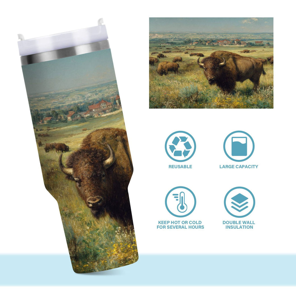 30 oz Insulated Stainless Steel Tumbler Double Wall Stainless Steel Tumbler with 2-Way Drinking Buffalo Herd Oil Painting M660K