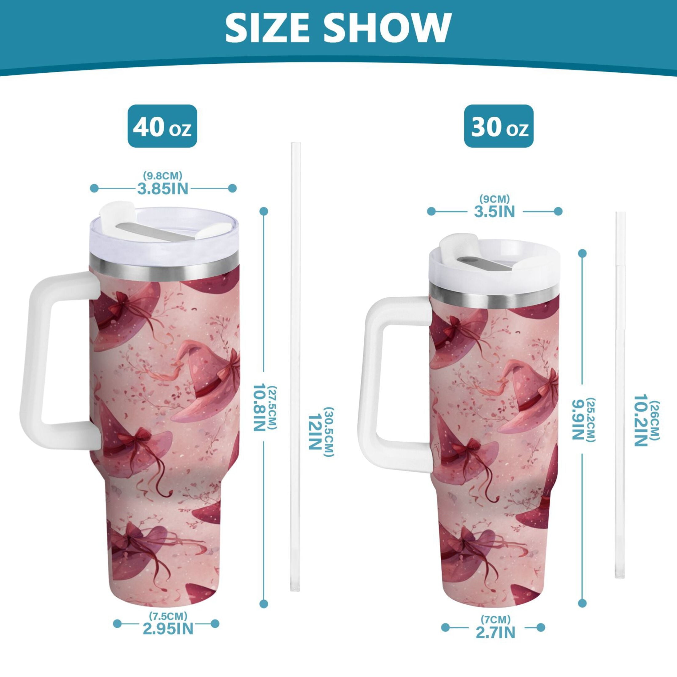 30 oz Insulated Stainless Steel Tumbler Double Wall Stainless Steel Tumbler with 2-Way Drinking Hats with Delicate Bows M679A