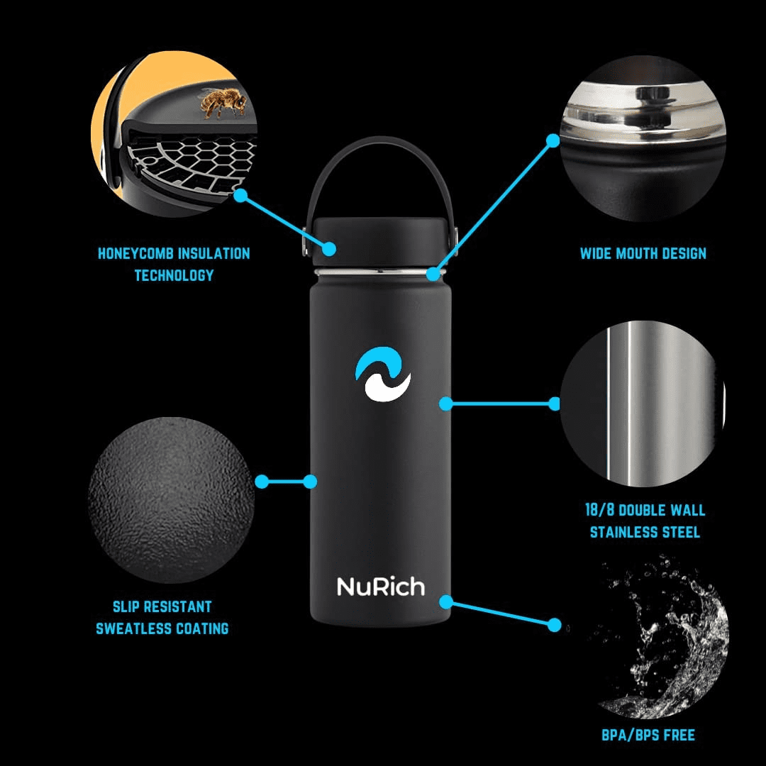NuRich Sports Water Bottle - 18 Oz, Vacuum Insulated Stainless Steel, Modern Double Walled, Simple Thermo Modern Mug, Hydro Metal Canteen Flask Wide Mouth with Sweat Proof Design for Cold &amp; Hot Temp M684C