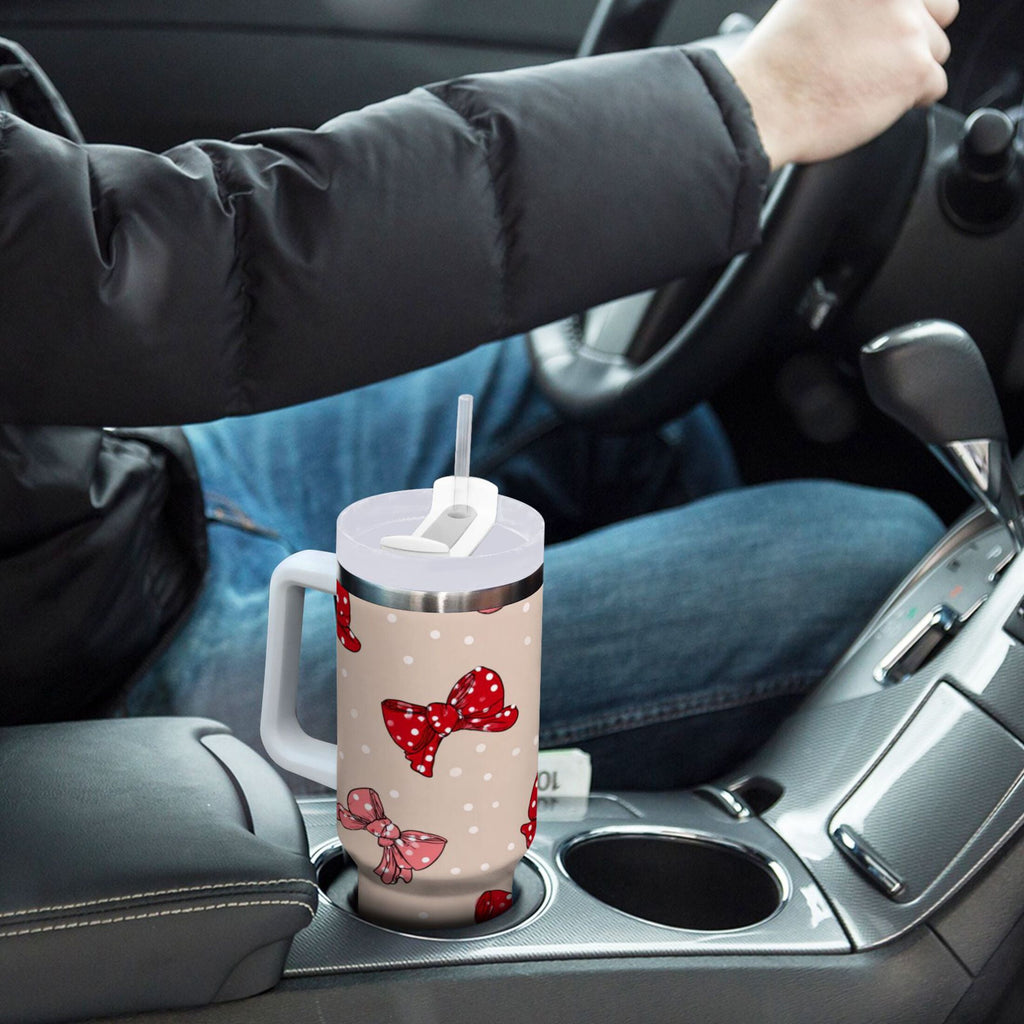 30 oz Insulated Stainless Steel Tumbler Double Wall Stainless Steel Tumbler with 2-Way Drinking Cute Red Bows Pattern M541F