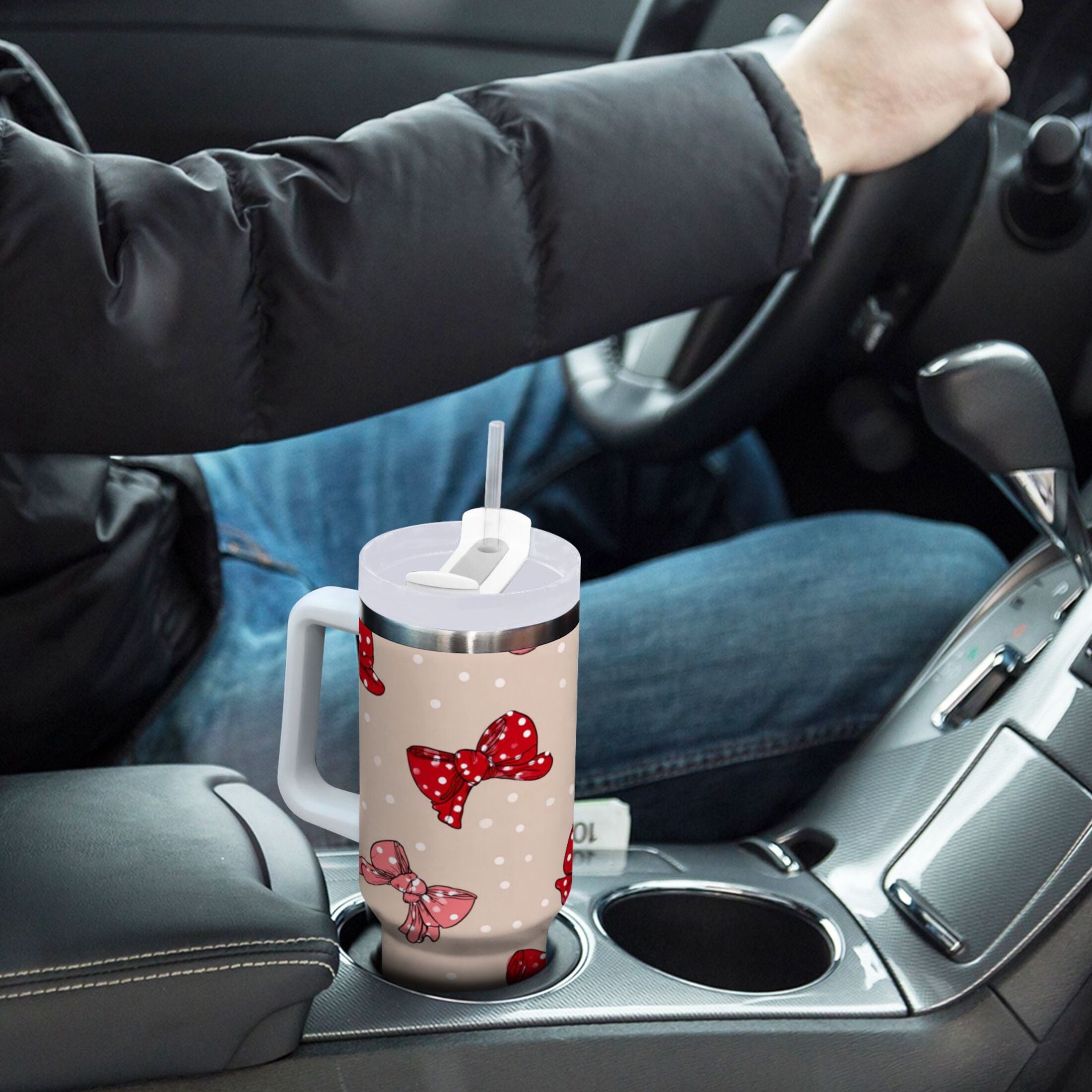 30 oz Insulated Stainless Steel Tumbler Double Wall Stainless Steel Tumbler with 2-Way Drinking Cute Red Bows Pattern M541F