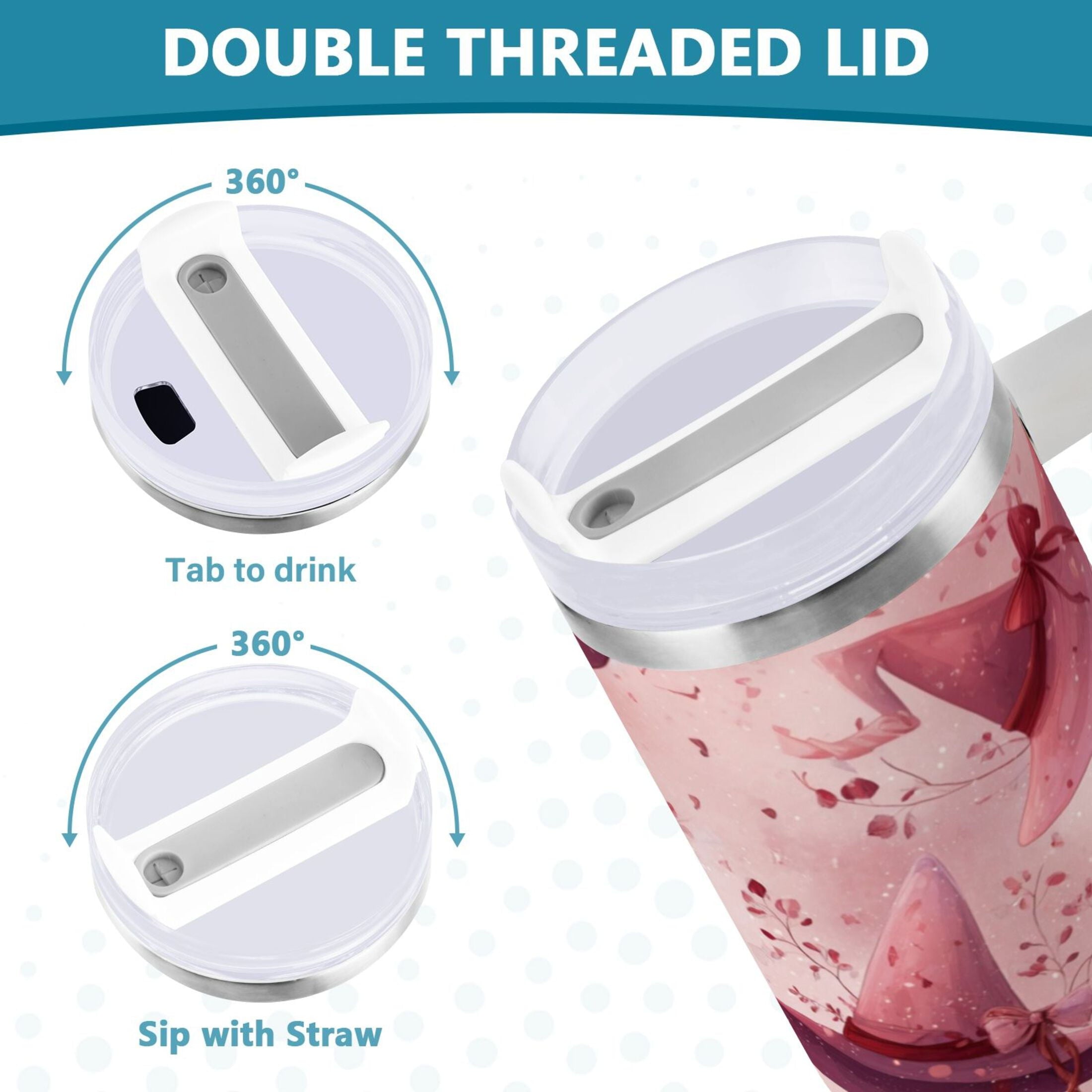30 oz Insulated Stainless Steel Tumbler Double Wall Stainless Steel Tumbler with 2-Way Drinking Hats with Delicate Bows M679A