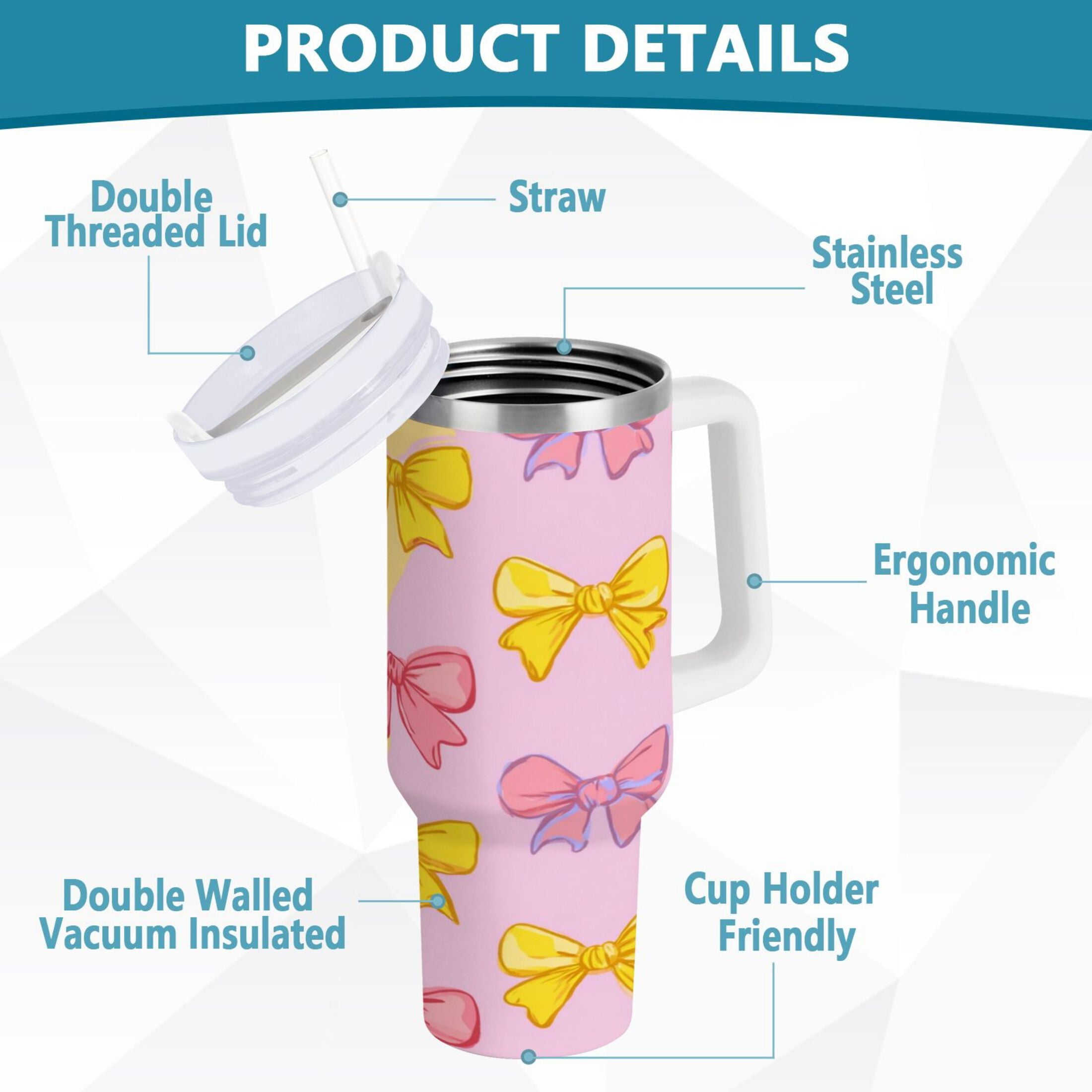 30 oz Insulated Stainless Steel Tumbler Double Wall Stainless Steel Tumbler with 2-Way Drinking Yellow and Pink Bows M566X