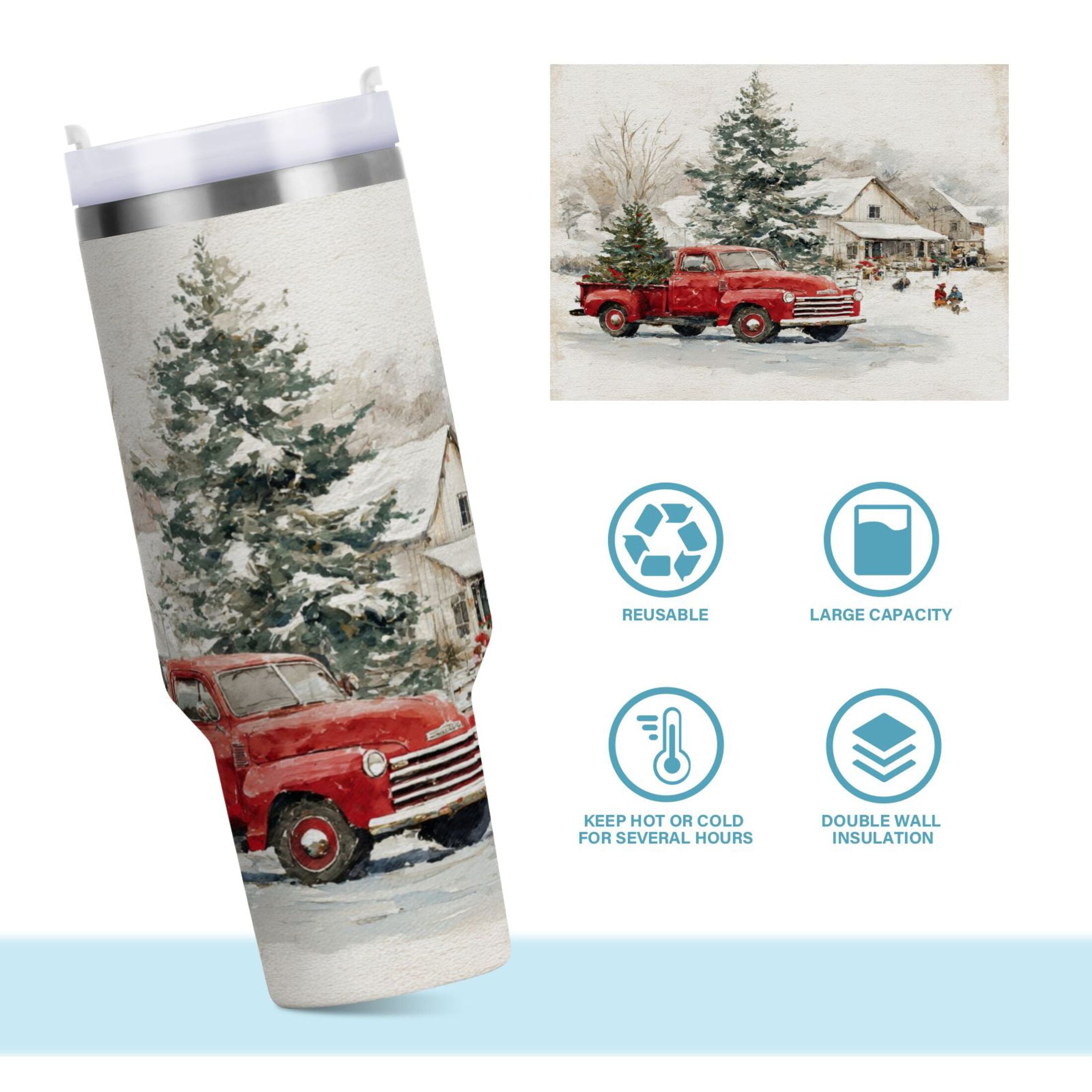 30 oz Insulated Stainless Steel Tumbler Double Wall Stainless Steel Tumbler with 2-Way Drinking Truck with Christmas Decorations M657B