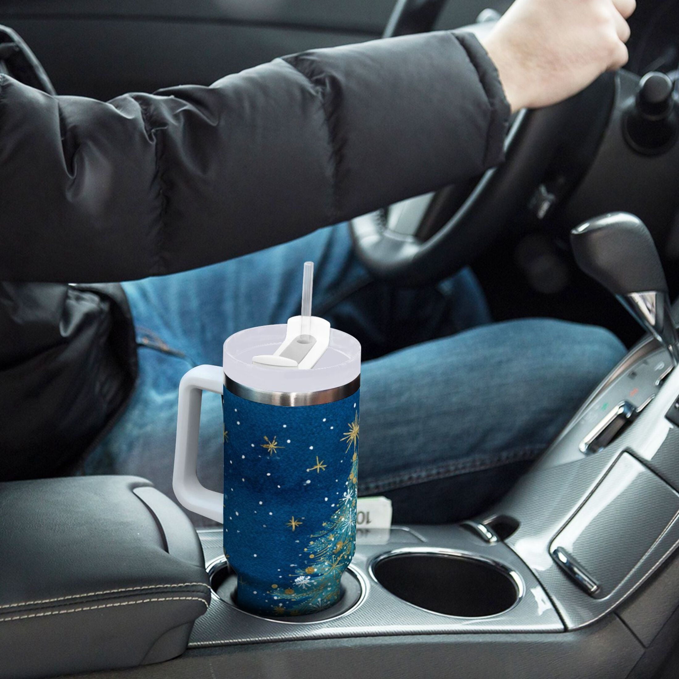 40 oz Insulated Stainless Steel Tumbler Double Wall Stainless Steel Tumbler with 2-Way Drinking Watercolor Christmas Tree M597L