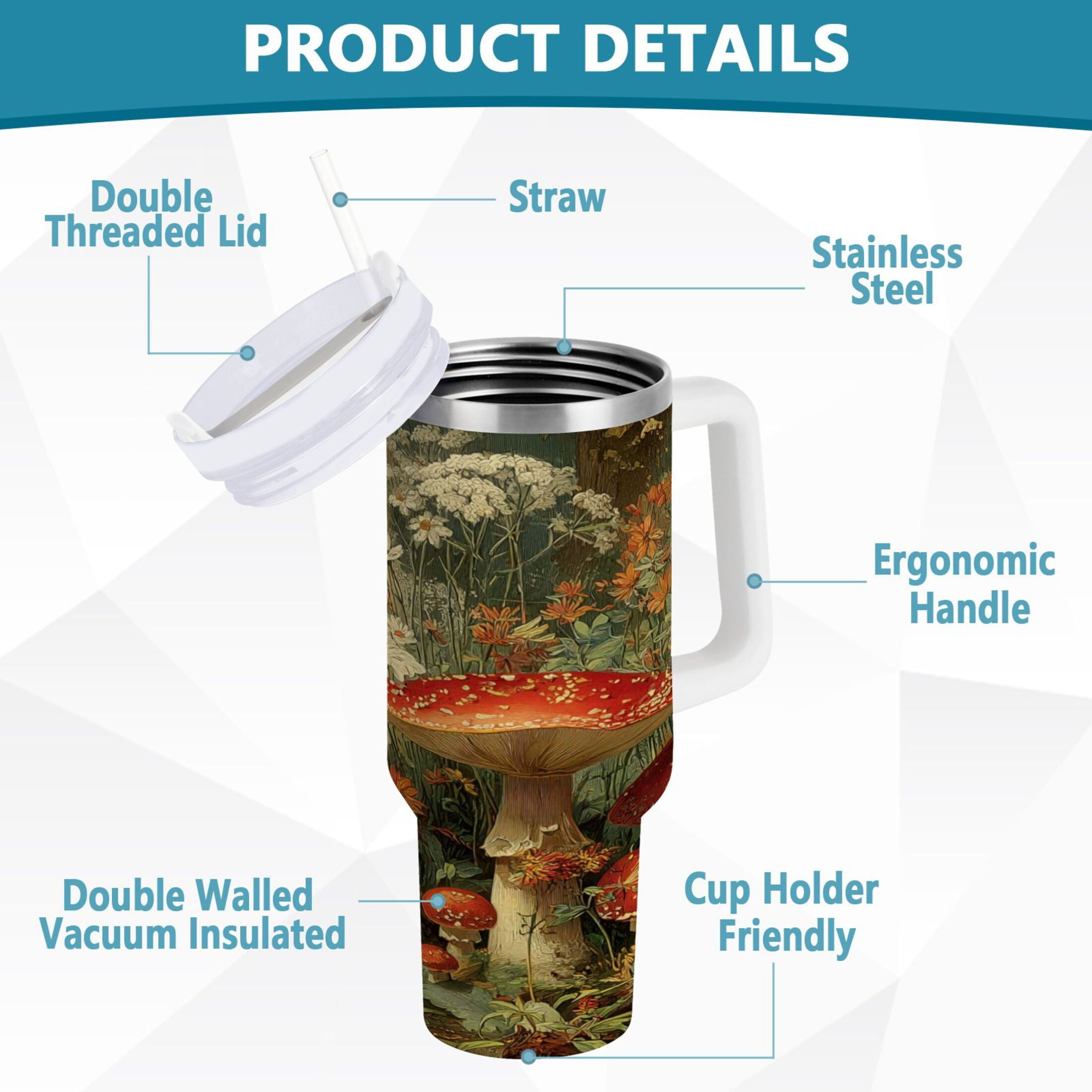 40 oz Insulated Stainless Steel Tumbler Double Wall Stainless Steel Tumbler with 2-Way Drinking Red Mushrooms M505Z