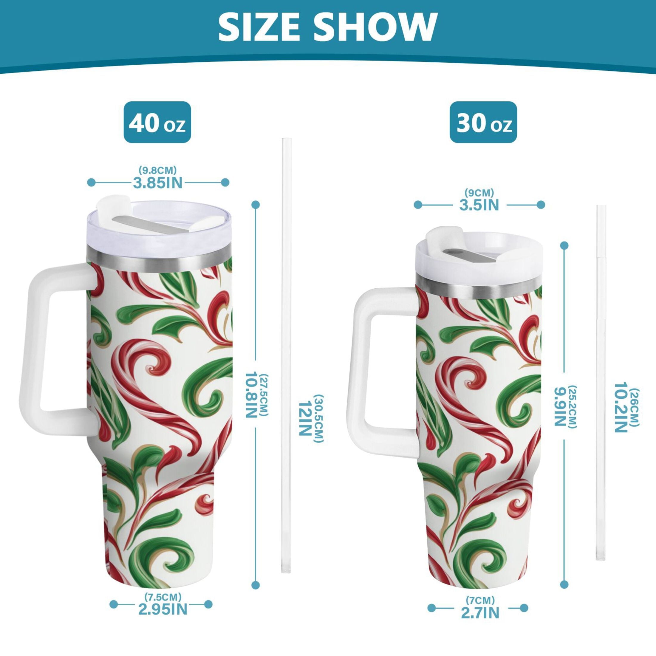 40 oz Insulated Stainless Steel Tumbler Double Wall Stainless Steel Tumbler with 2-Way Drinking Red and Green Candy-cane M573N