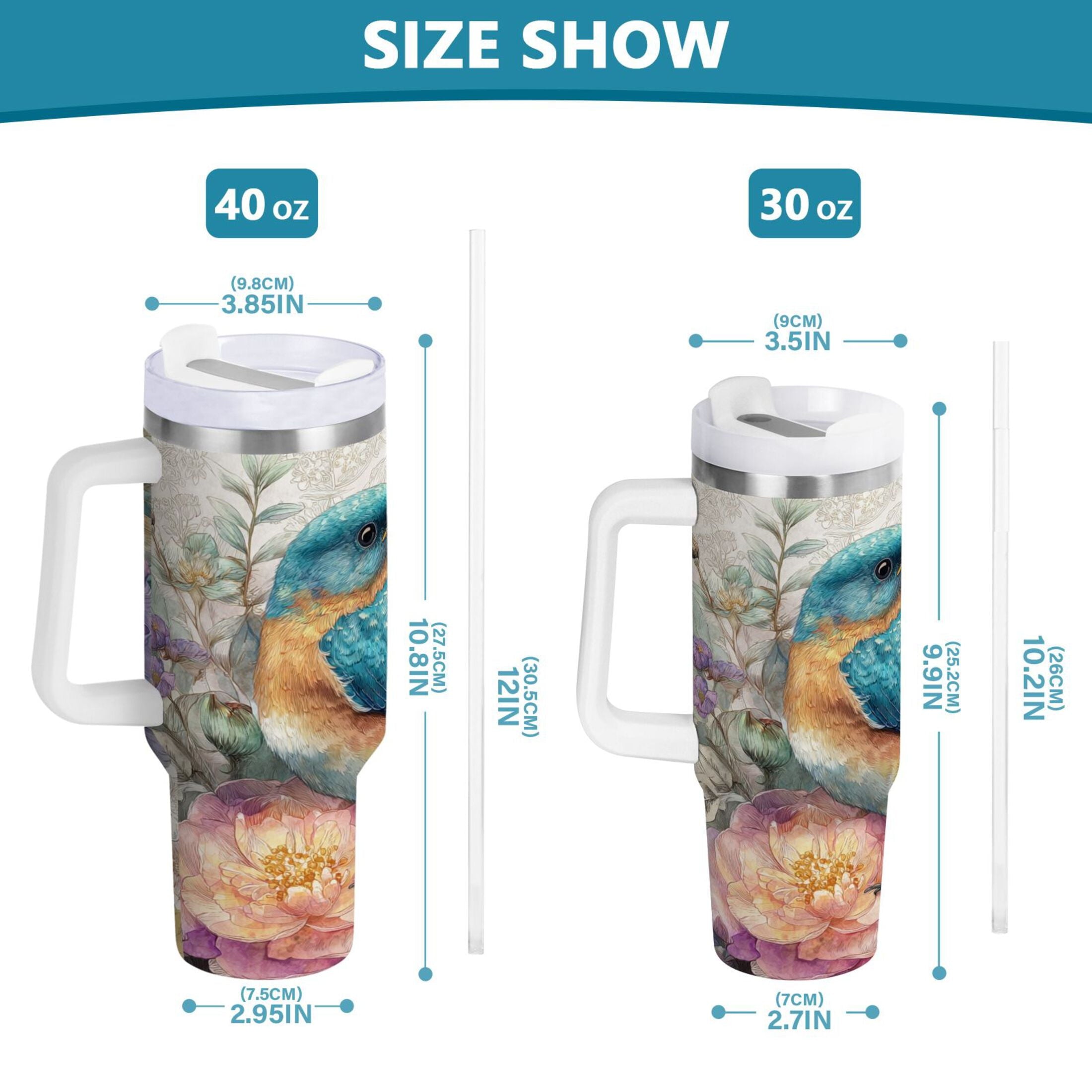 30 oz Insulated Stainless Steel Tumbler Double Wall Stainless Steel Tumbler with 2-Way Drinking Bluebird and Flower M538S