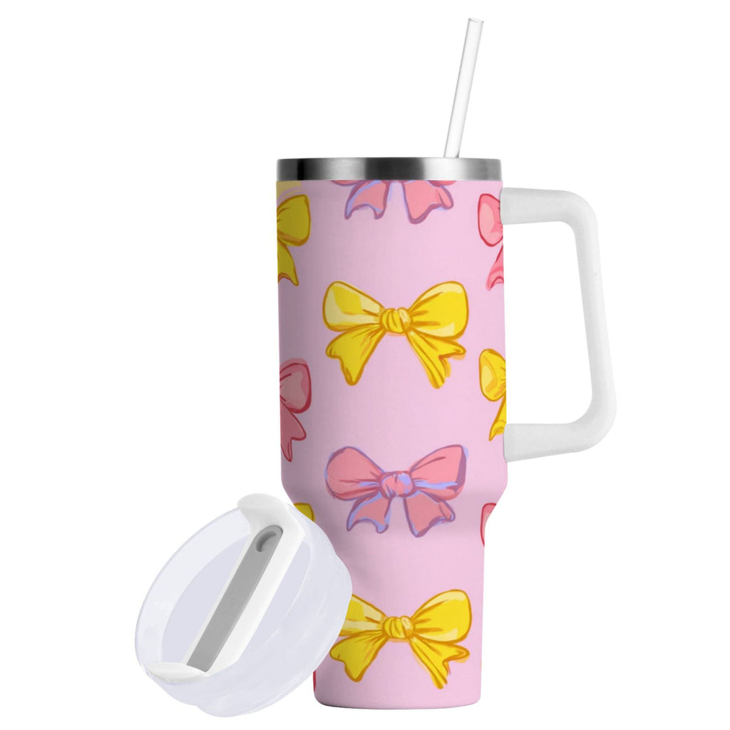30 oz Insulated Stainless Steel Tumbler Double Wall Stainless Steel Tumbler with 2-Way Drinking Yellow and Pink Bows M566X