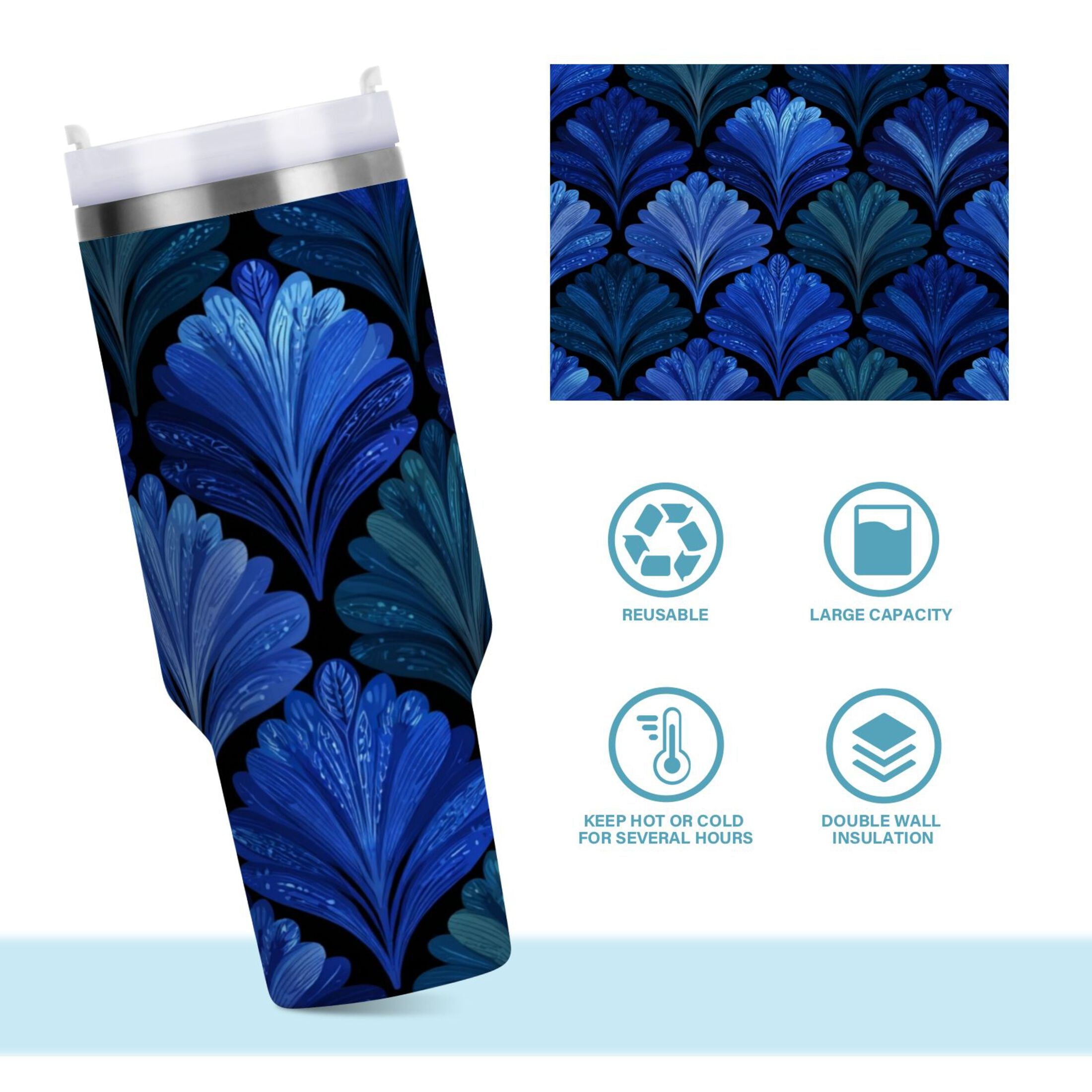 30 oz Insulated Stainless Steel Tumbler Double Wall Stainless Steel Tumbler with 2-Way Drinking Blue Batik Leaves Pattern M525M