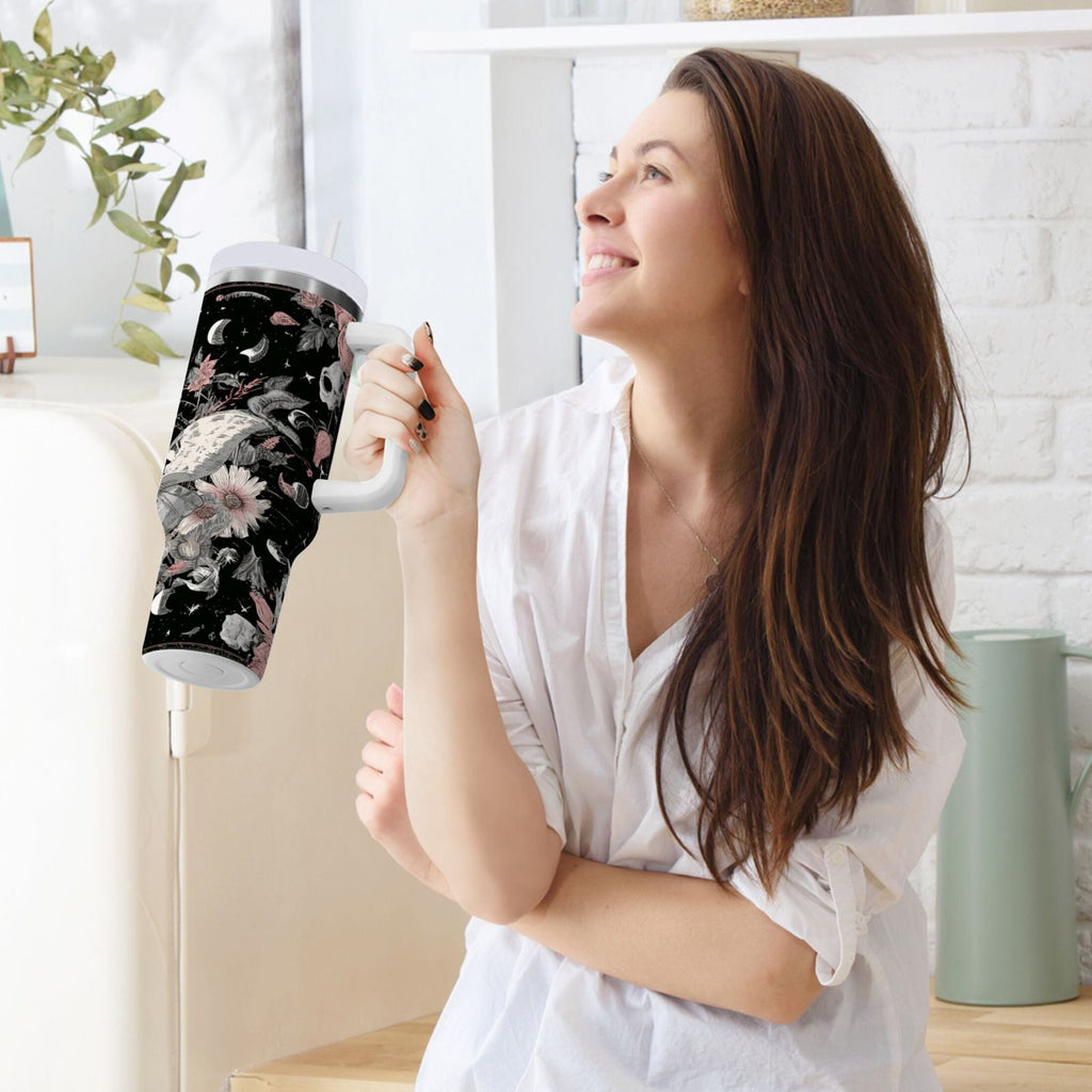 40 oz Insulated Stainless Steel Tumbler Double Wall Stainless Steel Tumbler with 2-Way Drinking Butterfly Surrounded by Flowers M640X