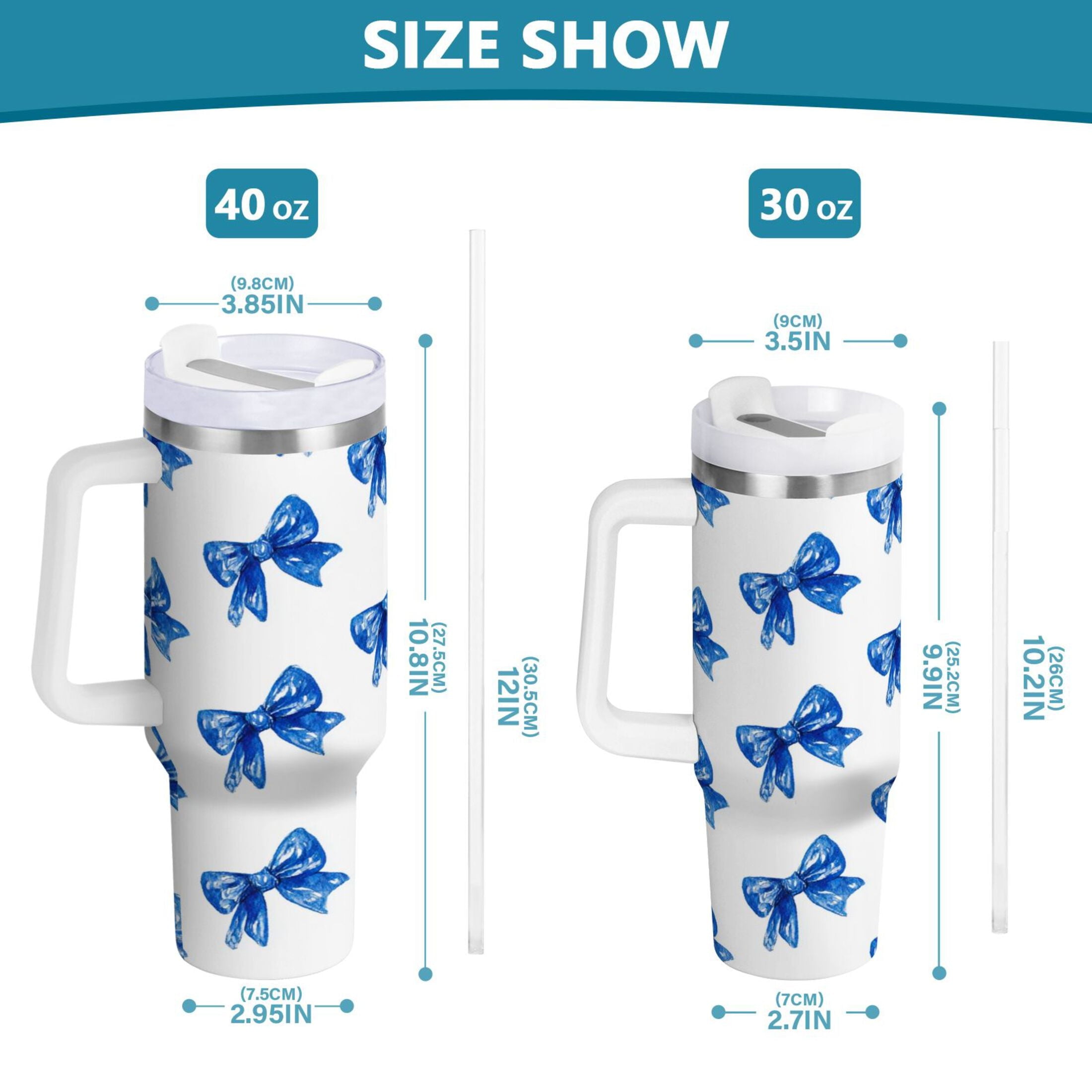 30 oz Insulated Stainless Steel Tumbler Double Wall Stainless Steel Tumbler with 2-Way Drinking Blue Bows Pattern M620U