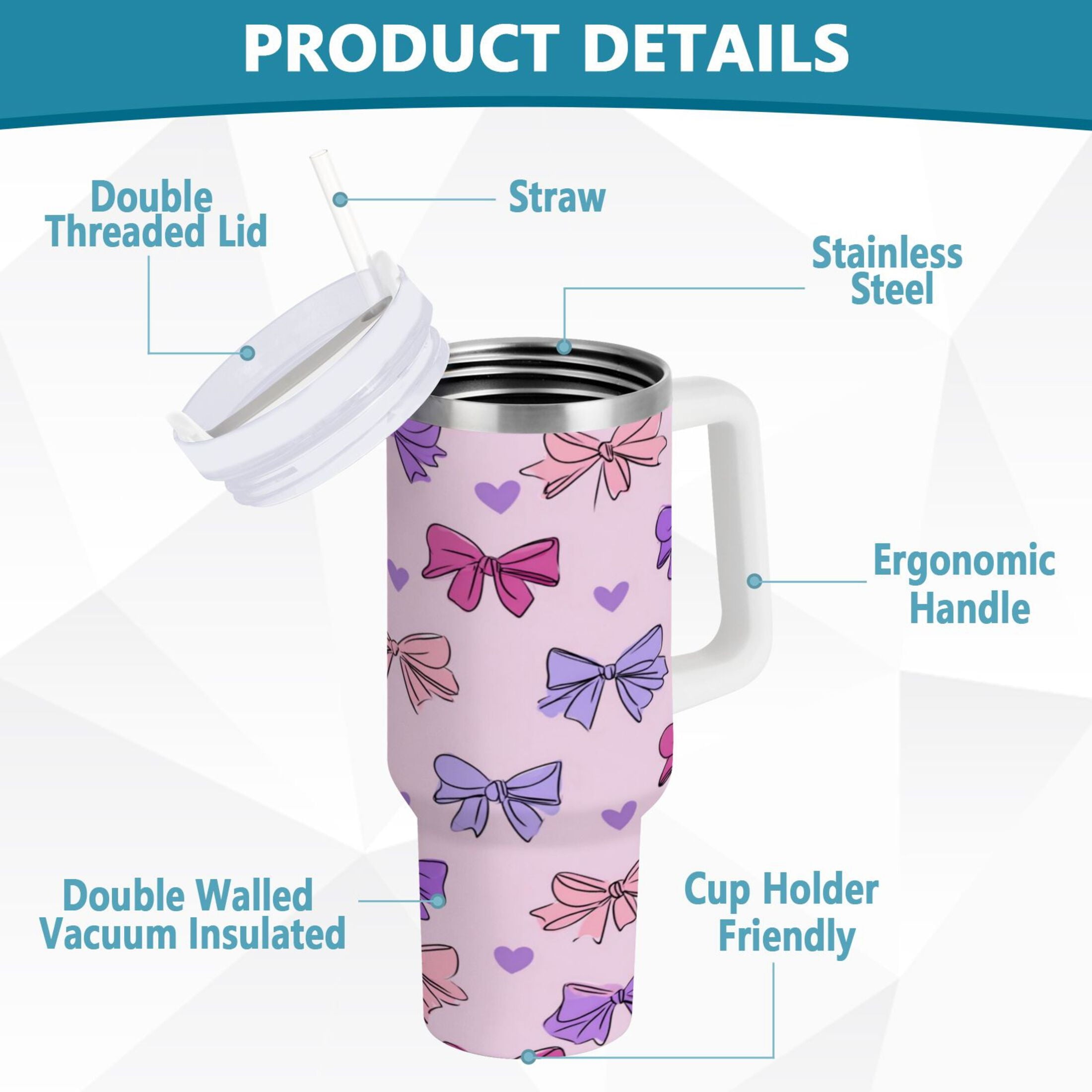 30 oz Insulated Stainless Steel Tumbler Double Wall Stainless Steel Tumbler with 2-Way Drinking Bows and Heart Pattern M422G
