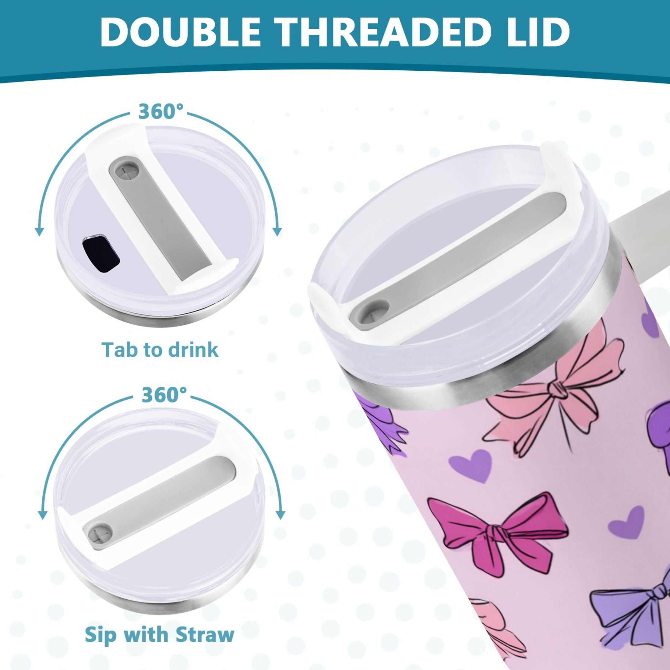 30 oz Insulated Stainless Steel Tumbler Double Wall Stainless Steel Tumbler with 2-Way Drinking Bows and Heart Pattern M422G