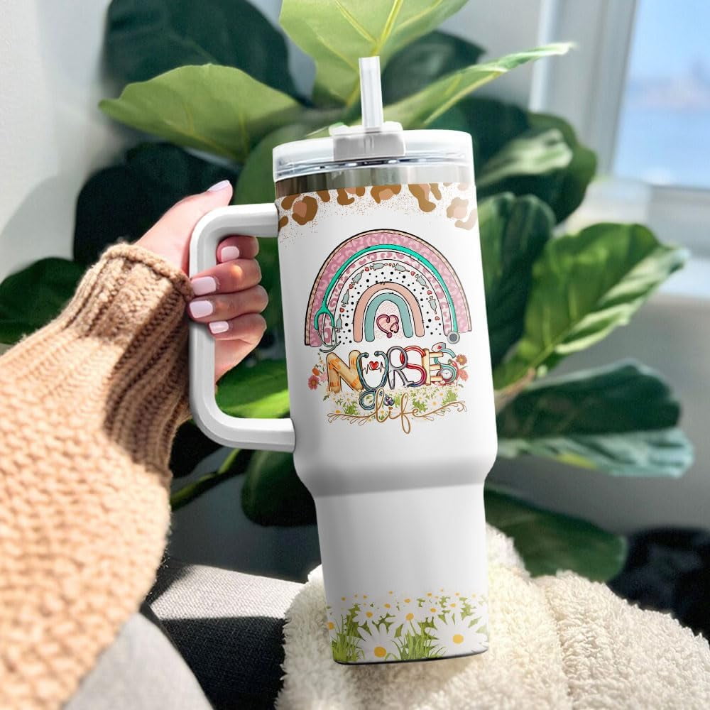 Tumbler 40 Oz With Handle Lid And Straw, Nurse Gifts, Black Camo White Engraved Print Travel Nurses Tumblers Handle Funny Cups Nursing For, Great Nurse Rainbow Daisy Flower M683R