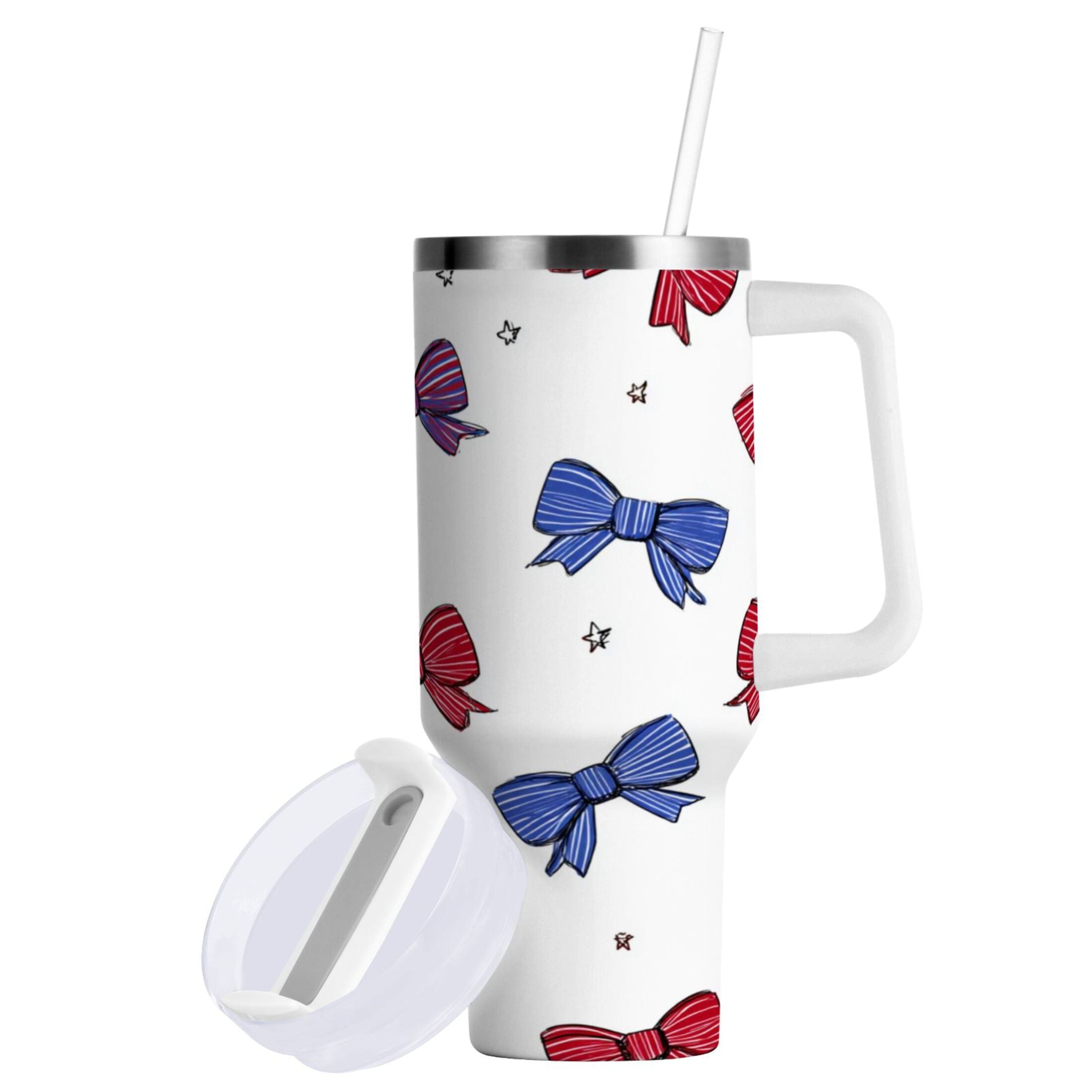 30 oz Insulated Stainless Steel Tumbler Double Wall Stainless Steel Tumbler with 2-Way Drinking Red and Blue Stripe Bows M656G