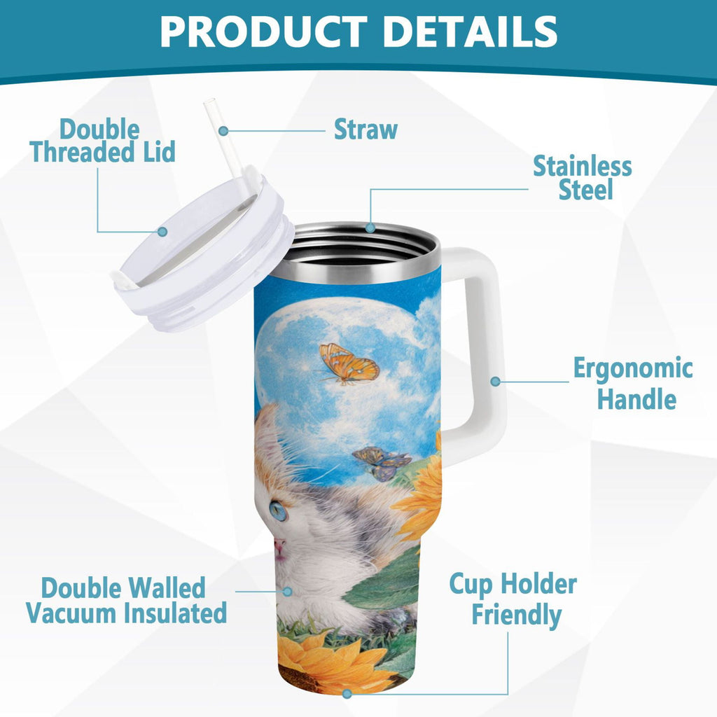 40 oz Insulated Stainless Steel Tumbler Double Wall Stainless Steel Tumbler with 2-Way Drinking Playful Cat Lying Sunflowers M549Y