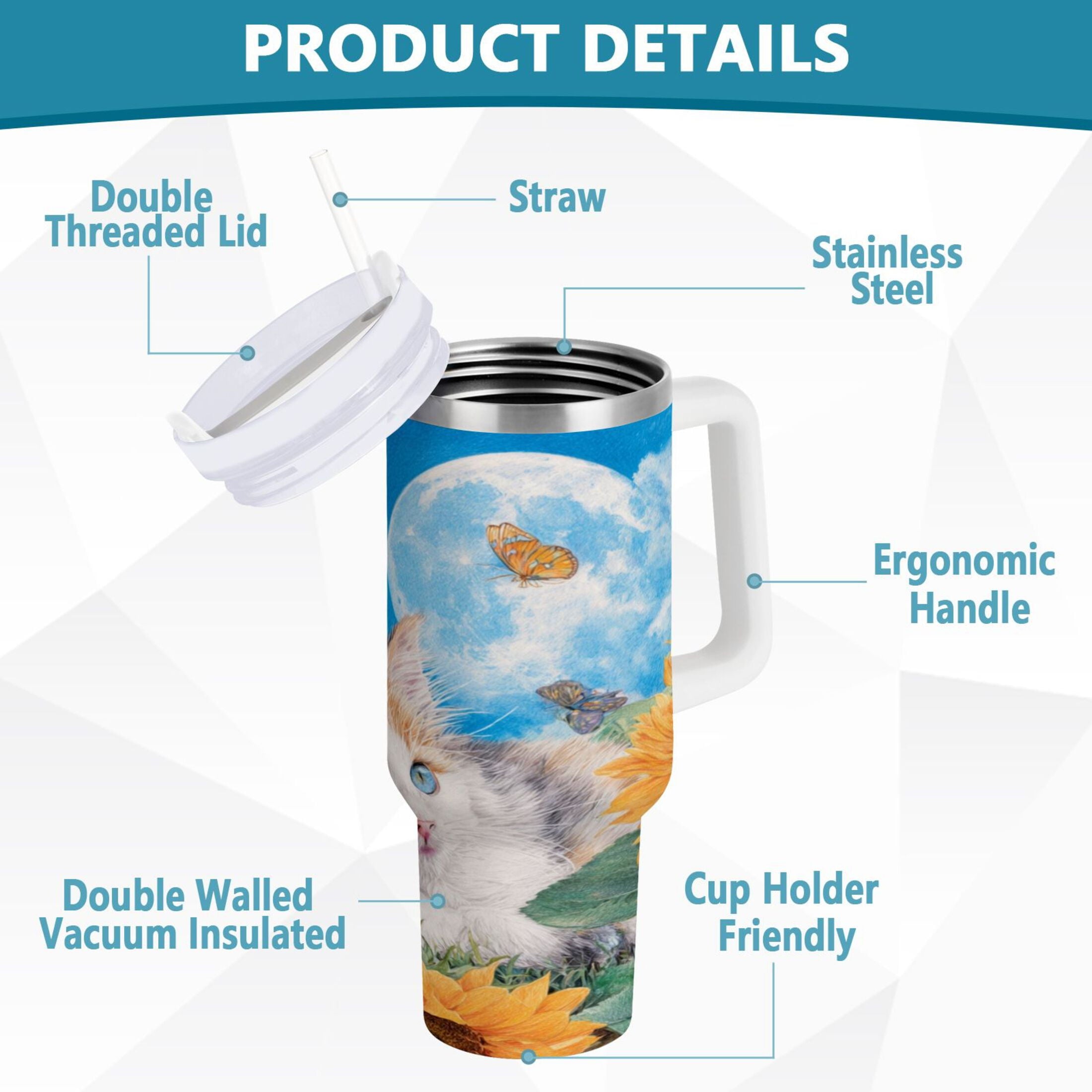 40 oz Insulated Stainless Steel Tumbler Double Wall Stainless Steel Tumbler with 2-Way Drinking Playful Cat Lying Sunflowers M549Y