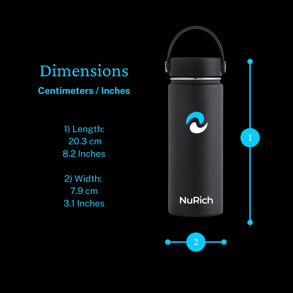 NuRich Sports Water Bottle - 18 Oz, Vacuum Insulated Stainless Steel, Modern Double Walled, Simple Thermo Modern Mug, Hydro Metal Canteen Flask Wide Mouth with Sweat Proof Design for Cold &amp; Hot Temp M684C