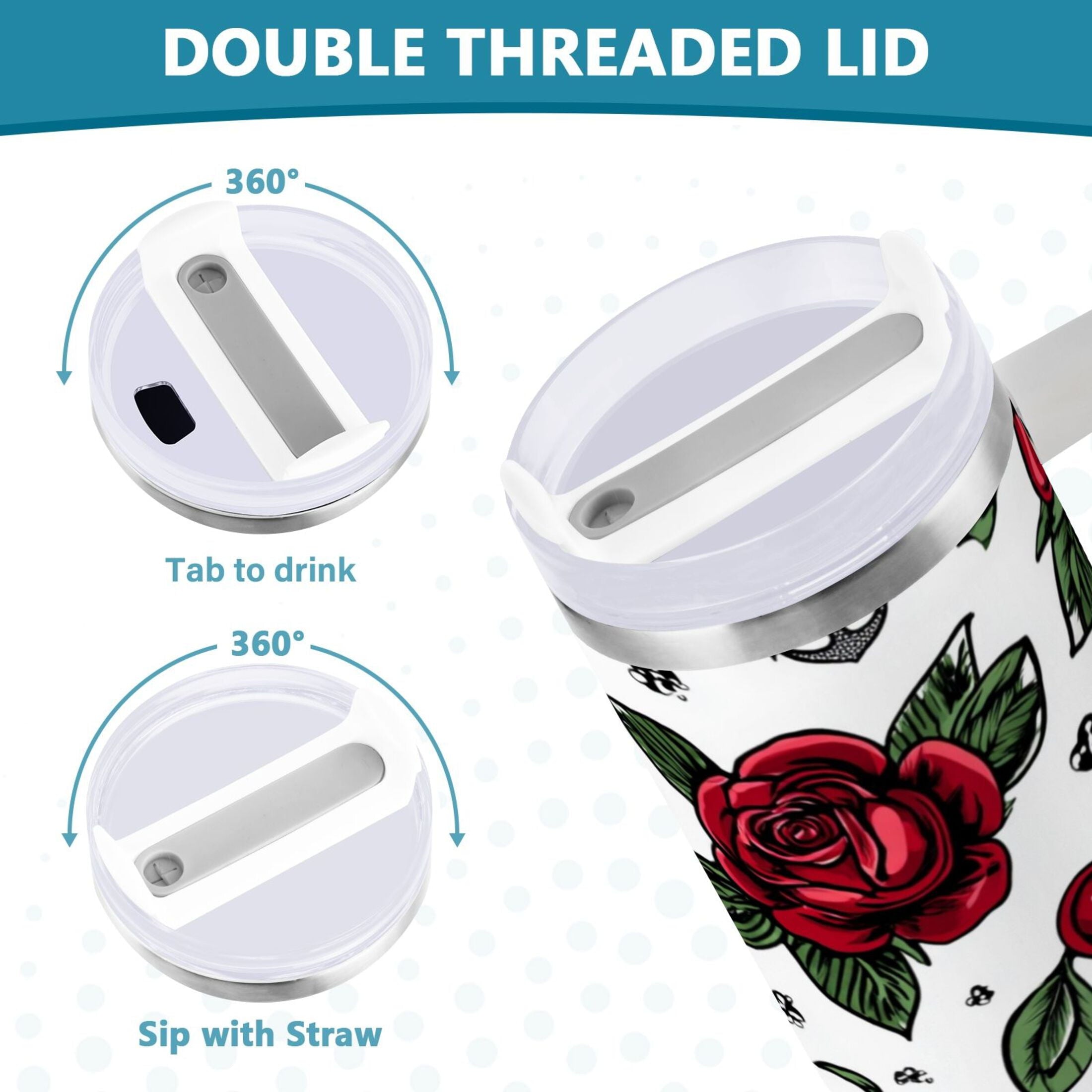 40 oz Insulated Stainless Steel Tumbler Double Wall Stainless Steel Tumbler with 2-Way Drinking Red Roses and Cherries M599Q