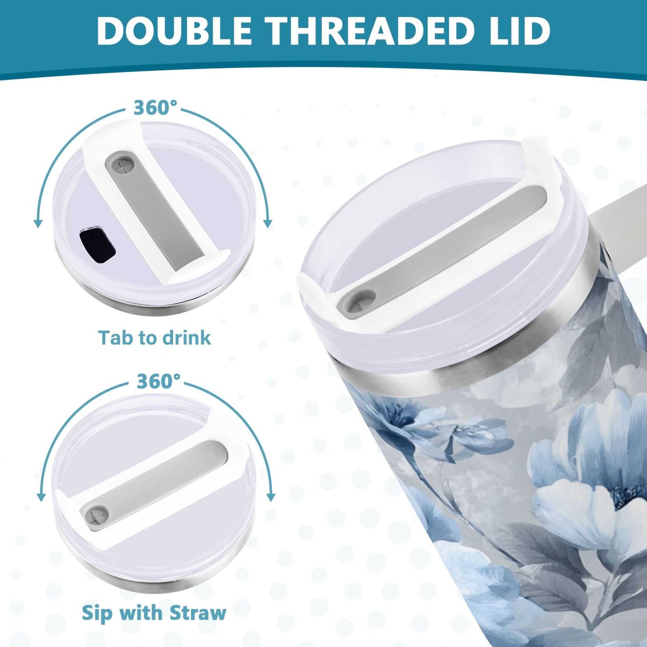 40 oz Insulated Stainless Steel Tumbler Double Wall Stainless Steel Tumbler with 2-Way Drinking White Floral Pattern M584Y