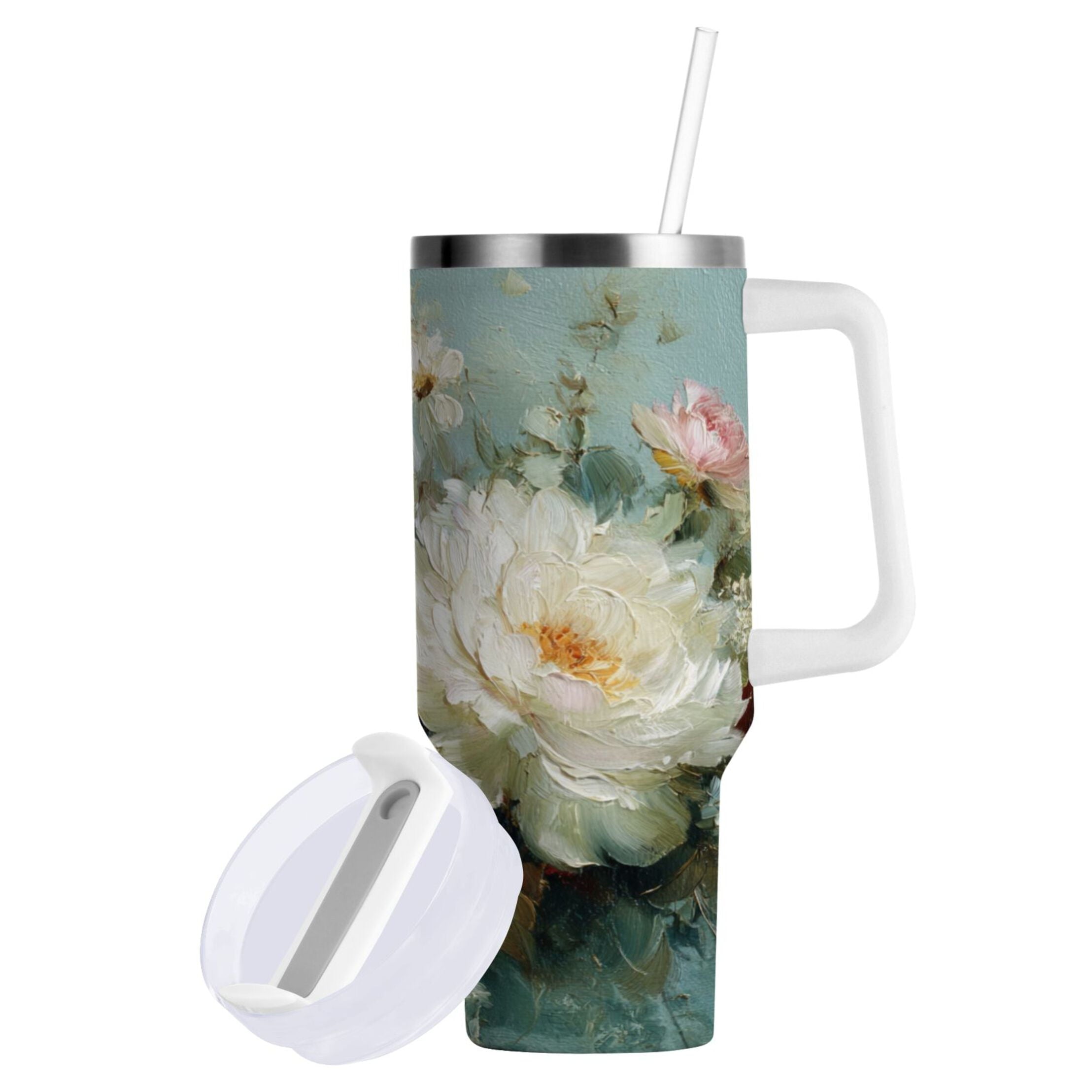 40 oz Insulated Stainless Steel Tumbler Double Wall Stainless Steel Tumbler with 2-Way Drinking Vintage Peonies and Daisies M677V