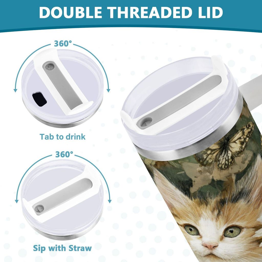 30 oz Insulated Stainless Steel Tumbler Double Wall Stainless Steel Tumbler with 2-Way Drinking Adorable Cats and Daisies M602F