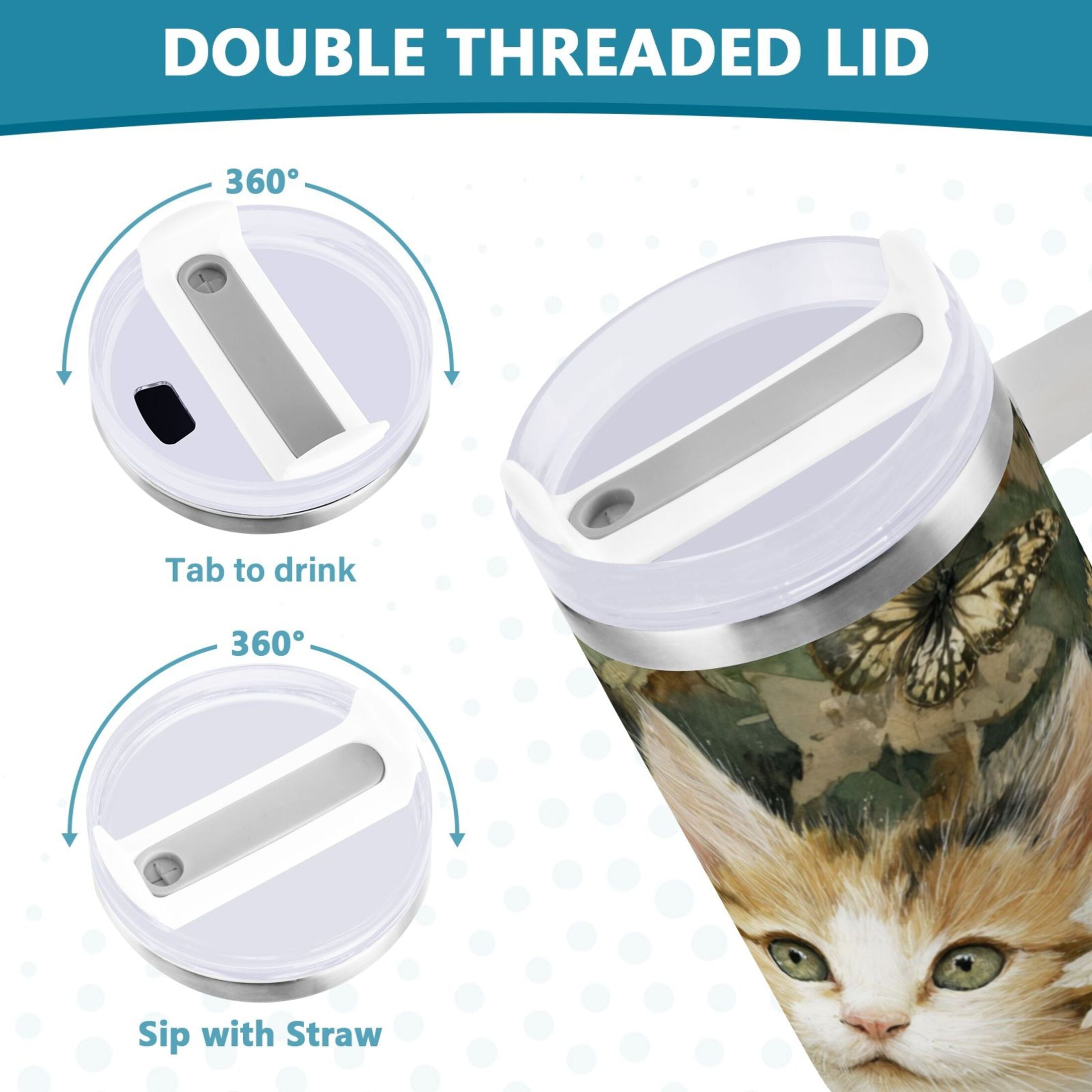 30 oz Insulated Stainless Steel Tumbler Double Wall Stainless Steel Tumbler with 2-Way Drinking Adorable Cats and Daisies M602F