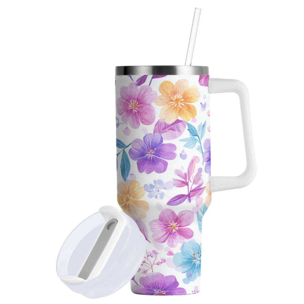 30 oz Insulated Stainless Steel Tumbler Double Wall Stainless Steel Tumbler with 2-Way Drinking Pink and Purple Flowers M424U