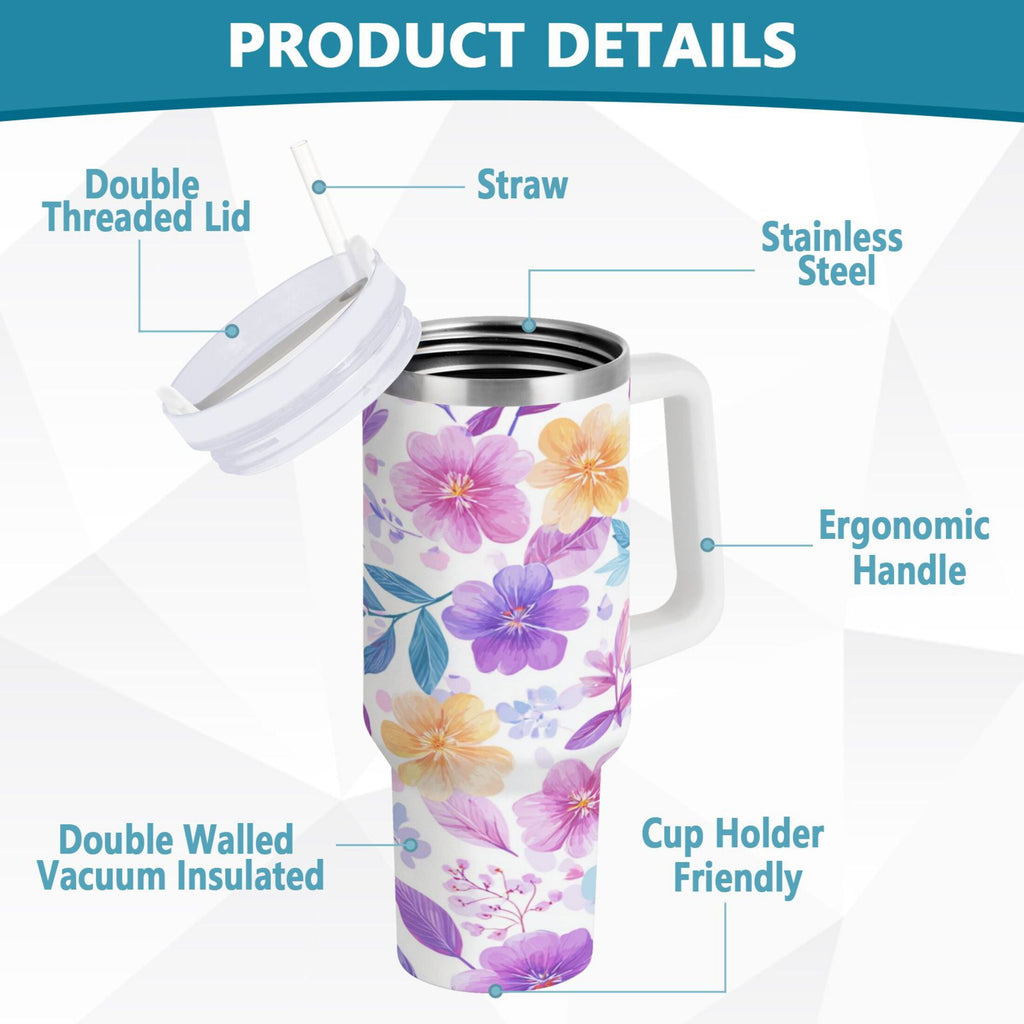 30 oz Insulated Stainless Steel Tumbler Double Wall Stainless Steel Tumbler with 2-Way Drinking Pink and Purple Flowers M424U