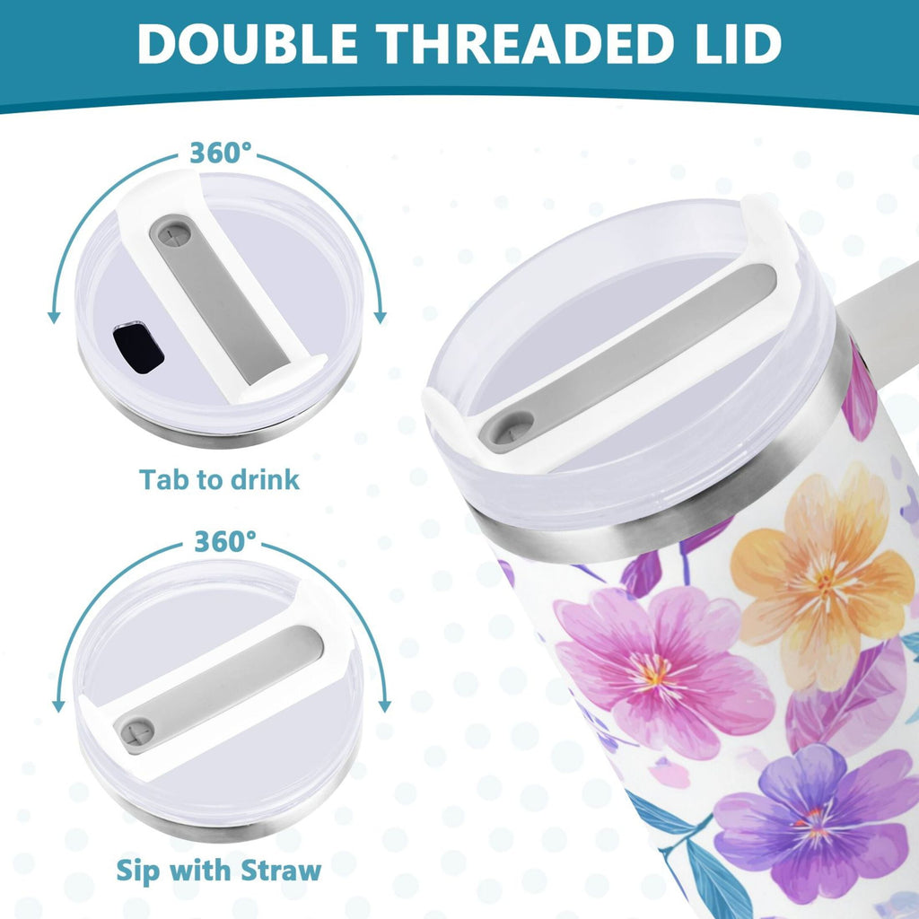 30 oz Insulated Stainless Steel Tumbler Double Wall Stainless Steel Tumbler with 2-Way Drinking Pink and Purple Flowers M424U