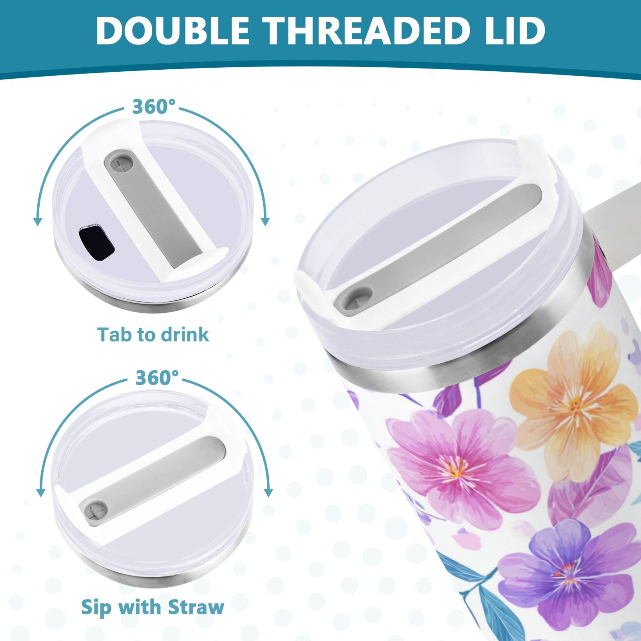 30 oz Insulated Stainless Steel Tumbler Double Wall Stainless Steel Tumbler with 2-Way Drinking Pink and Purple Flowers M424U