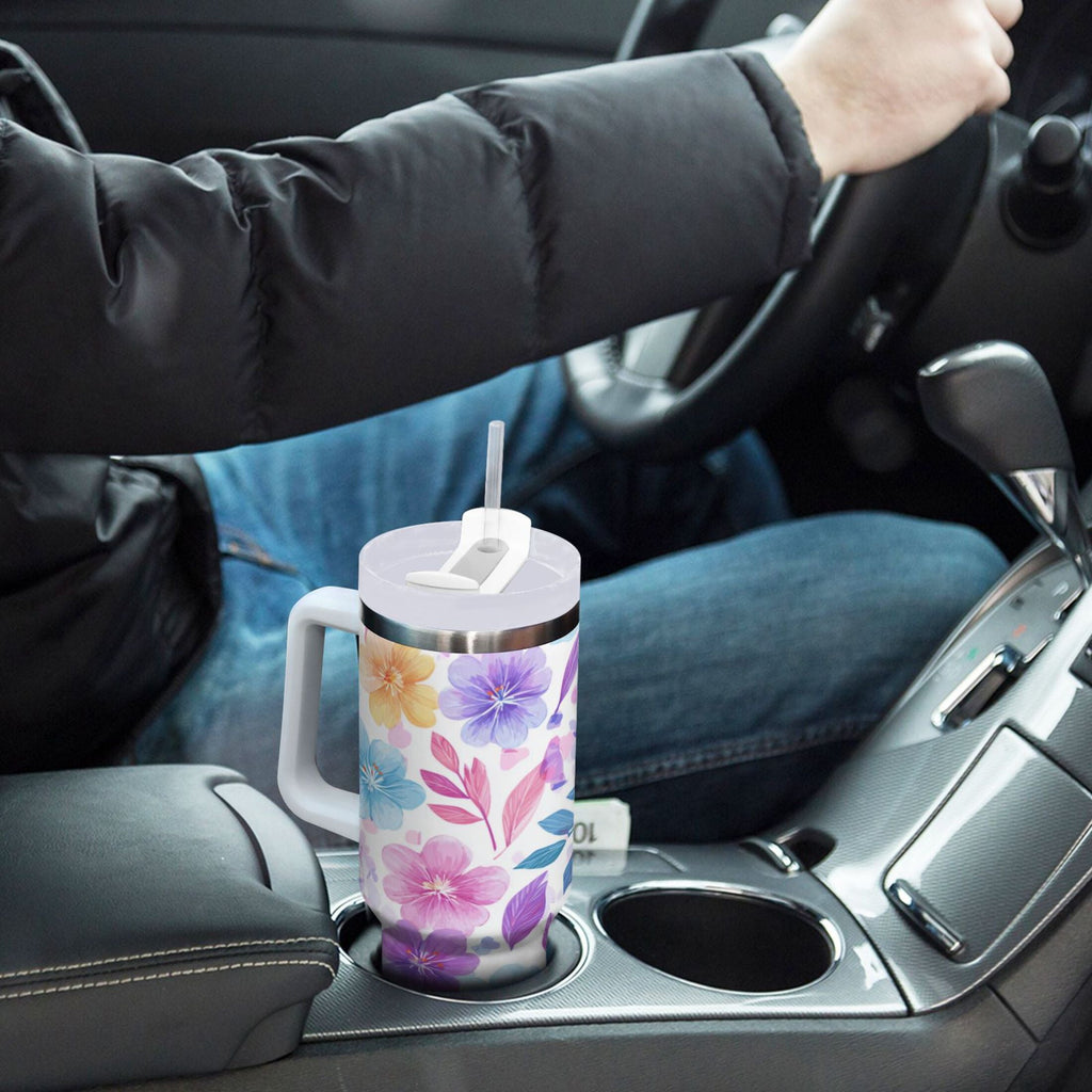 30 oz Insulated Stainless Steel Tumbler Double Wall Stainless Steel Tumbler with 2-Way Drinking Pink and Purple Flowers M424U