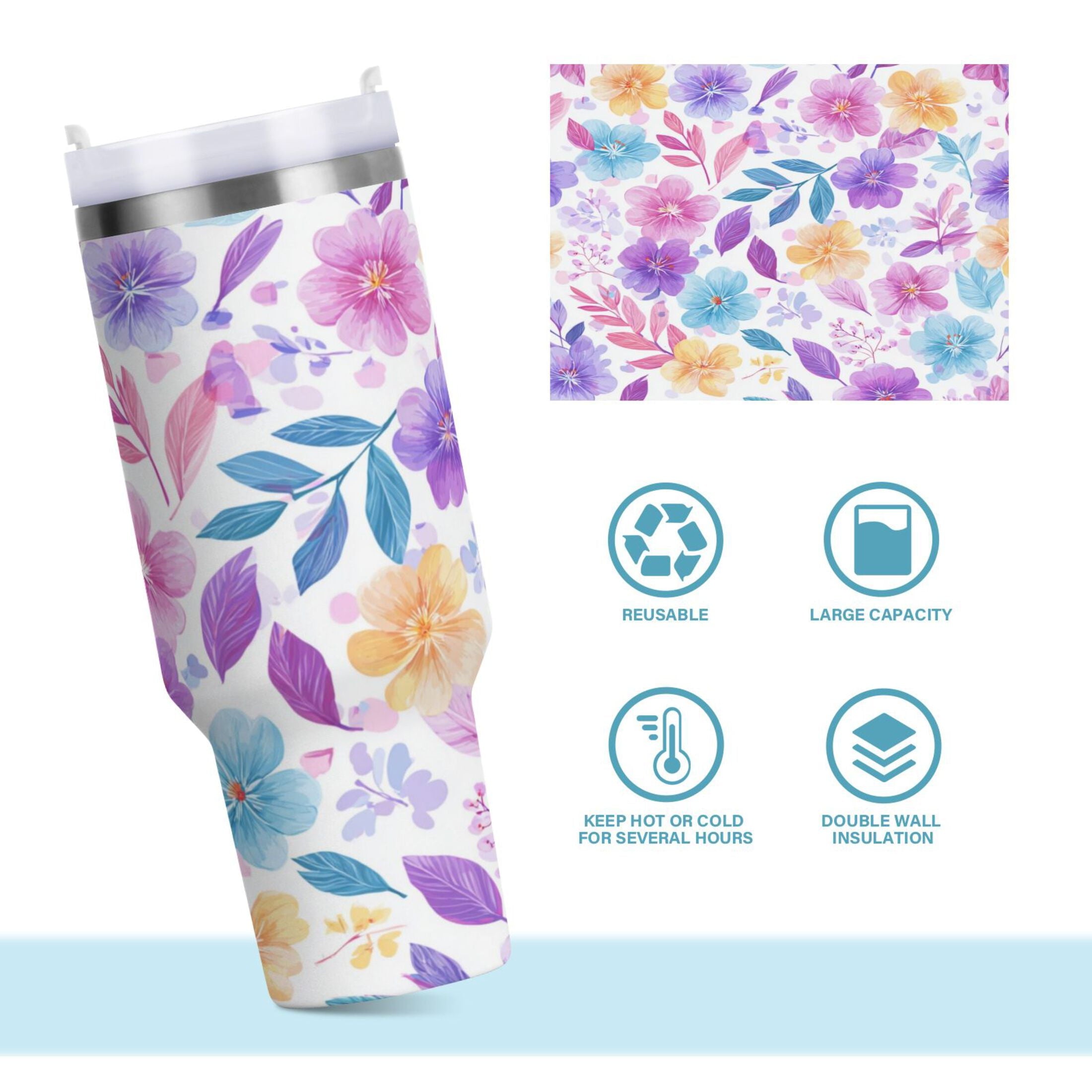 30 oz Insulated Stainless Steel Tumbler Double Wall Stainless Steel Tumbler with 2-Way Drinking Pink and Purple Flowers M424U