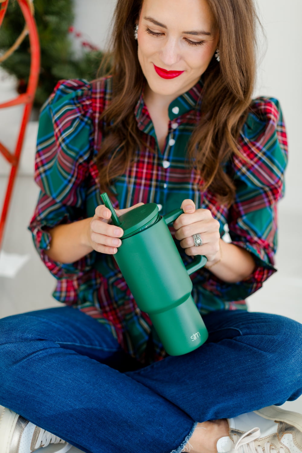 Simple Modern 30 fl oz Insulated Stainless Steel Trek Tumbler with Straw Lid | Seaglass Sage and Cream Checkmate M690W