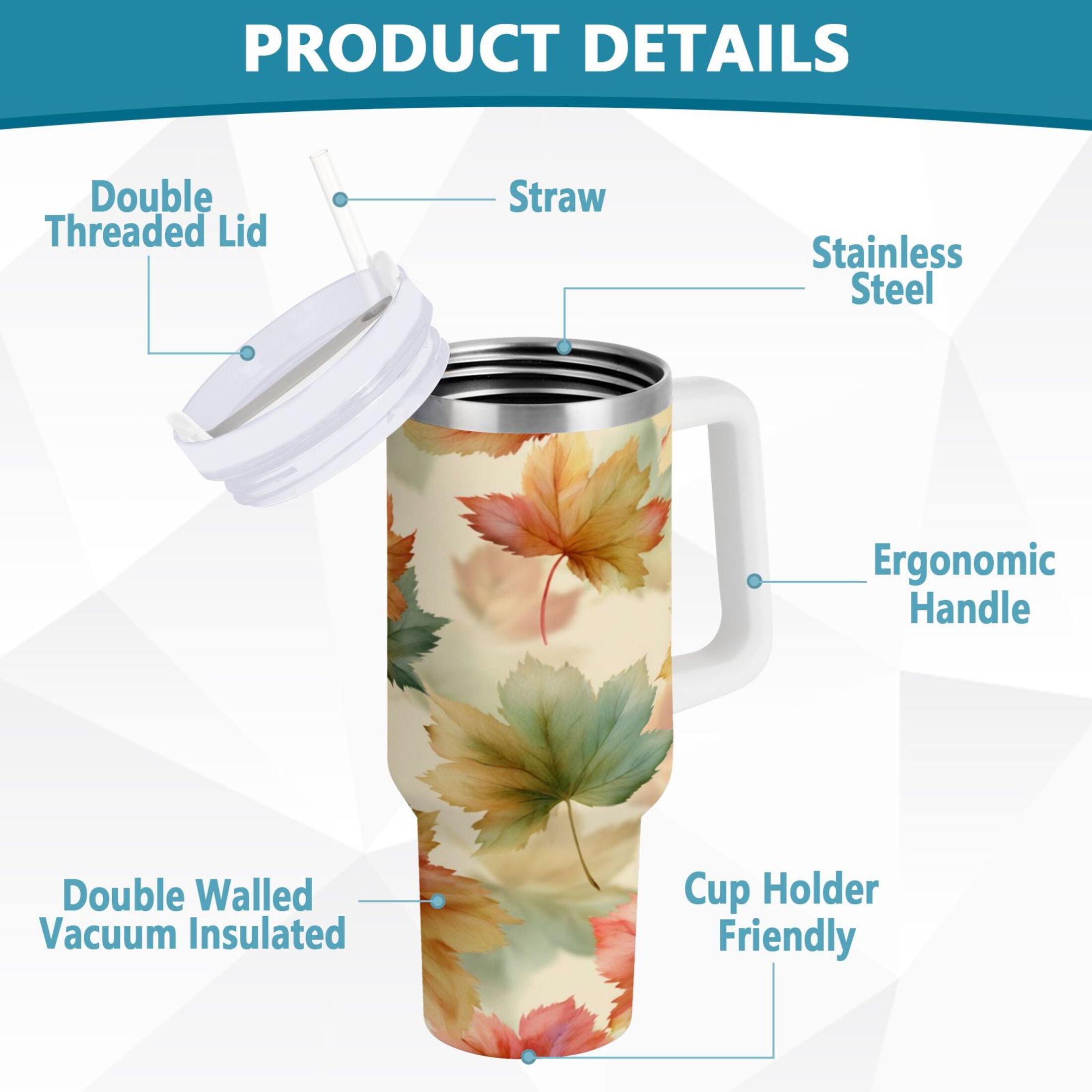 40 oz Insulated Stainless Steel Tumbler Double Wall Stainless Steel Tumbler with 2-Way Drinking Watercolor Maple Leaves Pattern M513M
