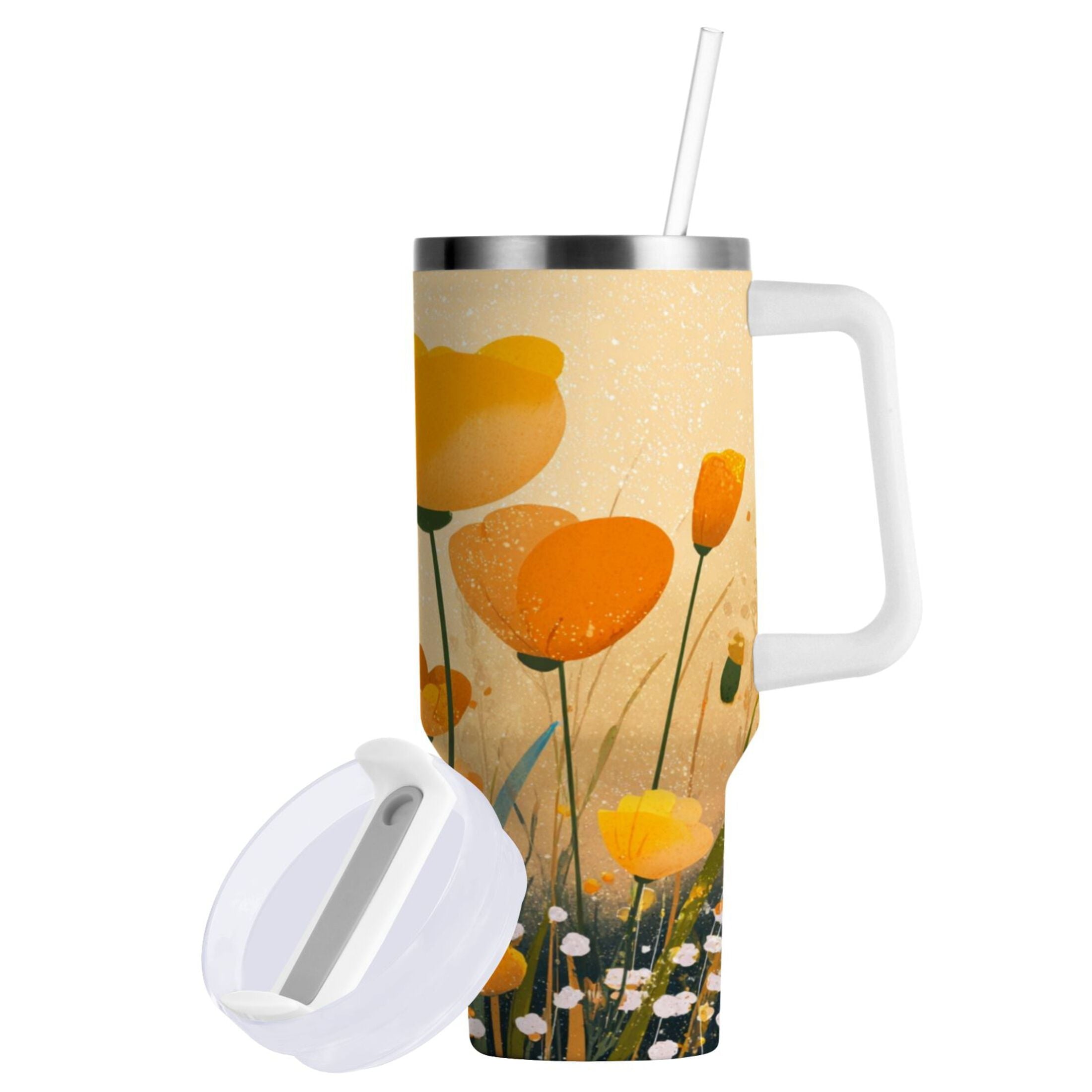 30 oz Insulated Stainless Steel Tumbler Double Wall Stainless Steel Tumbler with 2-Way Drinking Yellow Flowers on The Grass M594N