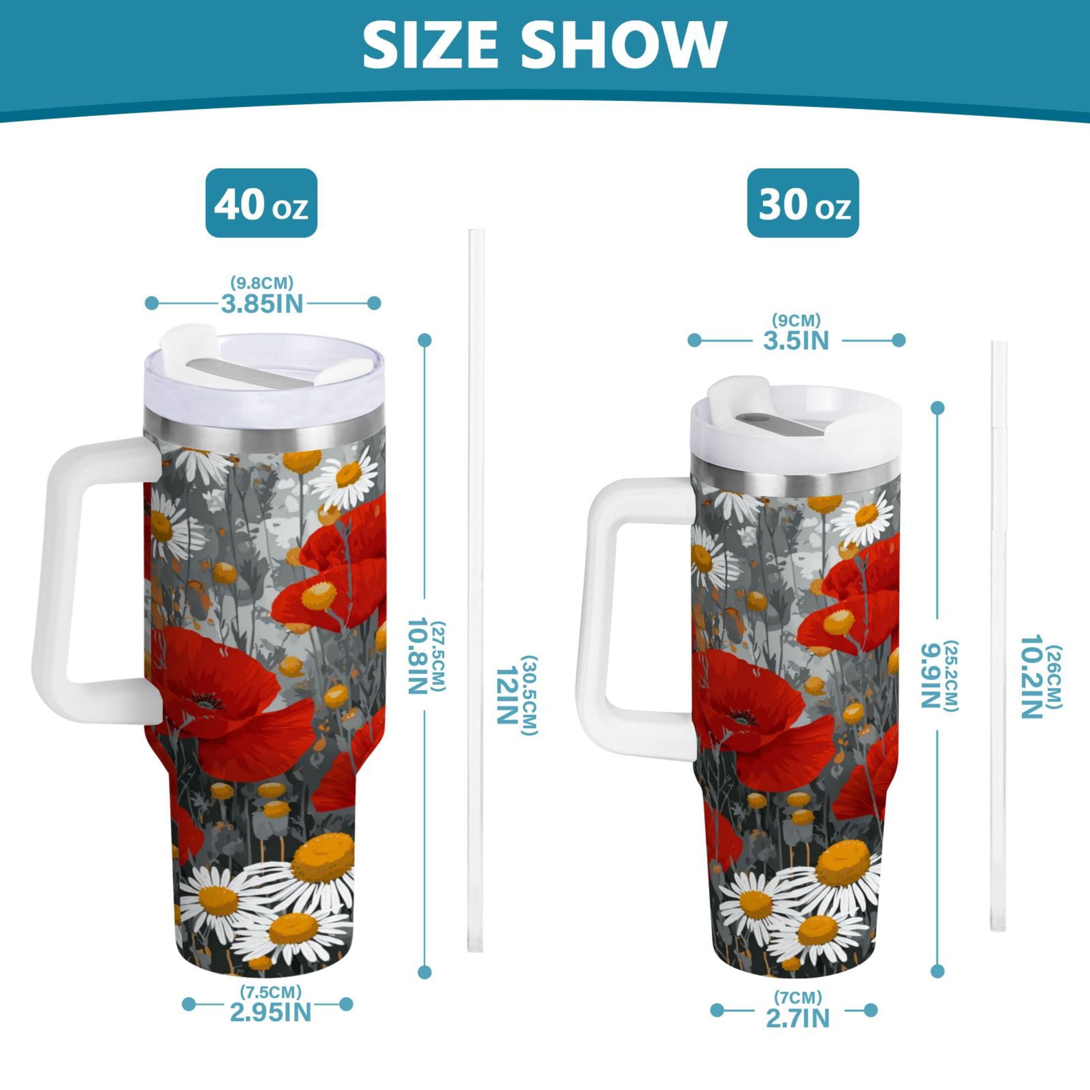 40 oz Insulated Stainless Steel Tumbler Double Wall Stainless Steel Tumbler with 2-Way Drinking Red Flowers and Daisies M498A